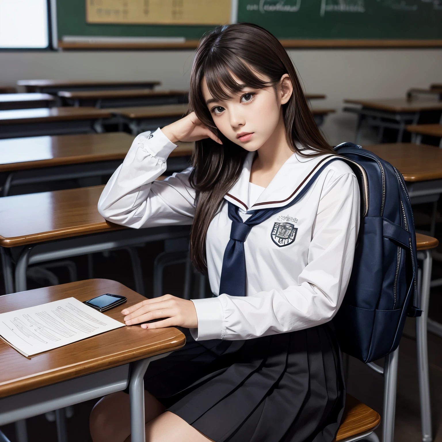 ((masterpiece, best quality)),best aesthetic,1girl, , desk, sitting, school desk, brown hair, classroom, long hair, indoors, chair, looking at viewer, :p, solo focus, brown eyes, skirt, long sleeves, pencil, 1 boy, pencil case, paper, black serafuku, pleated skirt, sailor collar, bangs, headrest, school bag, school chair