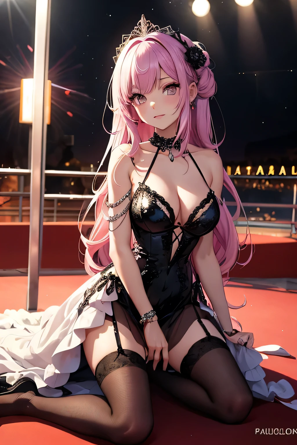 On the night, animated girl on a red carpet , festival de Cannes, paillettes , Evening dress, photographe in the background, flashes, the girl have rainbow colors hair's , light ambiance , dentelles, stockings, seductive animated girl, best rated on pixiv, Tendances sur ArtStation pixiv, Anya de la famille Spy X, female character&#39;anime, du jeu vidéo Azur Lane, les gars, (animated girl), style voie d&#39;Azur, lights effects, many colors, HD full details, high quality, different poses