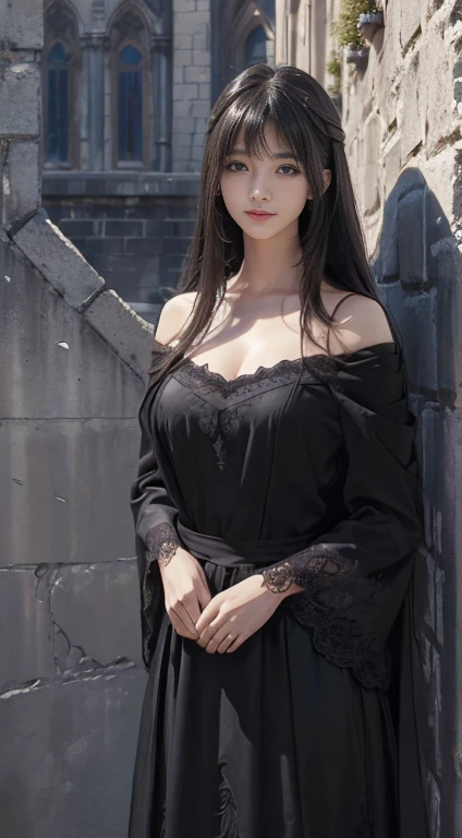 (A hyper-realistic)、(illustratio)、(hight resolution)、(8K)、(ighly detailed)、(Best Illustration)、(beautifully detailed eyes)、(top-quality)、(ultra-detailliert)、(masterpiece)、(wall-paper)、(A detailed face)、solo、1 girl in、looking at viewert、fine detailed、A detailed face、in the darkness nigth、deep-shadows、lowkey、pureerosfaceace_v1、A smile、long、Black shawl straight hair、46-point diagonal bangs, (silk dresses、long skirt)(off shoulders)View of the castle、、Stand against the wall