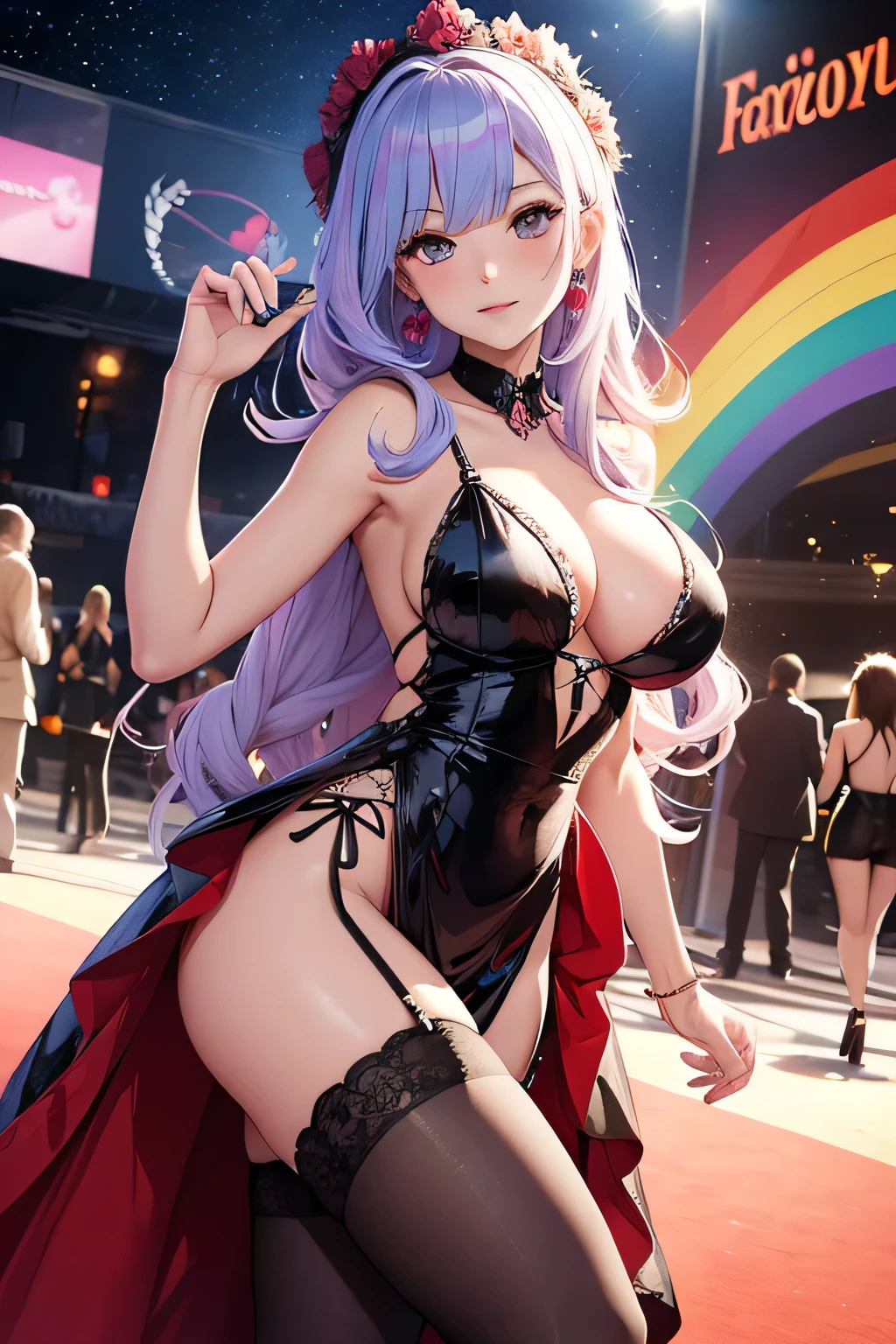 On the night, animated girl on a red carpet , festival de Cannes, paillettes , Evening dress, photographe in the background, flashes, the girl have rainbow colors hair's , light ambiance , dentelles, stockings, seductive animated girl, best rated on pixiv, Tendances sur ArtStation pixiv, Anya de la famille Spy X, female character'anime, du jeu vidéo Azur Lane, les gars, (animated girl), style voie d'Azur, lights effects, many colors, HD full details, high quality, different poses