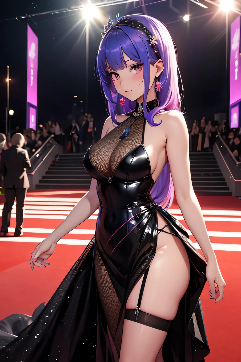On the night, animated girl on a red carpet , festival de Cannes, paillettes , Evening dress, photographe in the background, flashes, the girl have rainbow colors hair's , light ambiance , dentelles, stockings, seductive animated girl, best rated on pixiv, Tendances sur ArtStation pixiv, Anya de la famille Spy X, female character'anime, du jeu vidéo Azur Lane, les gars, (animated girl), style voie d'Azur, lights effects, many colors, HD full details, high quality, different poses