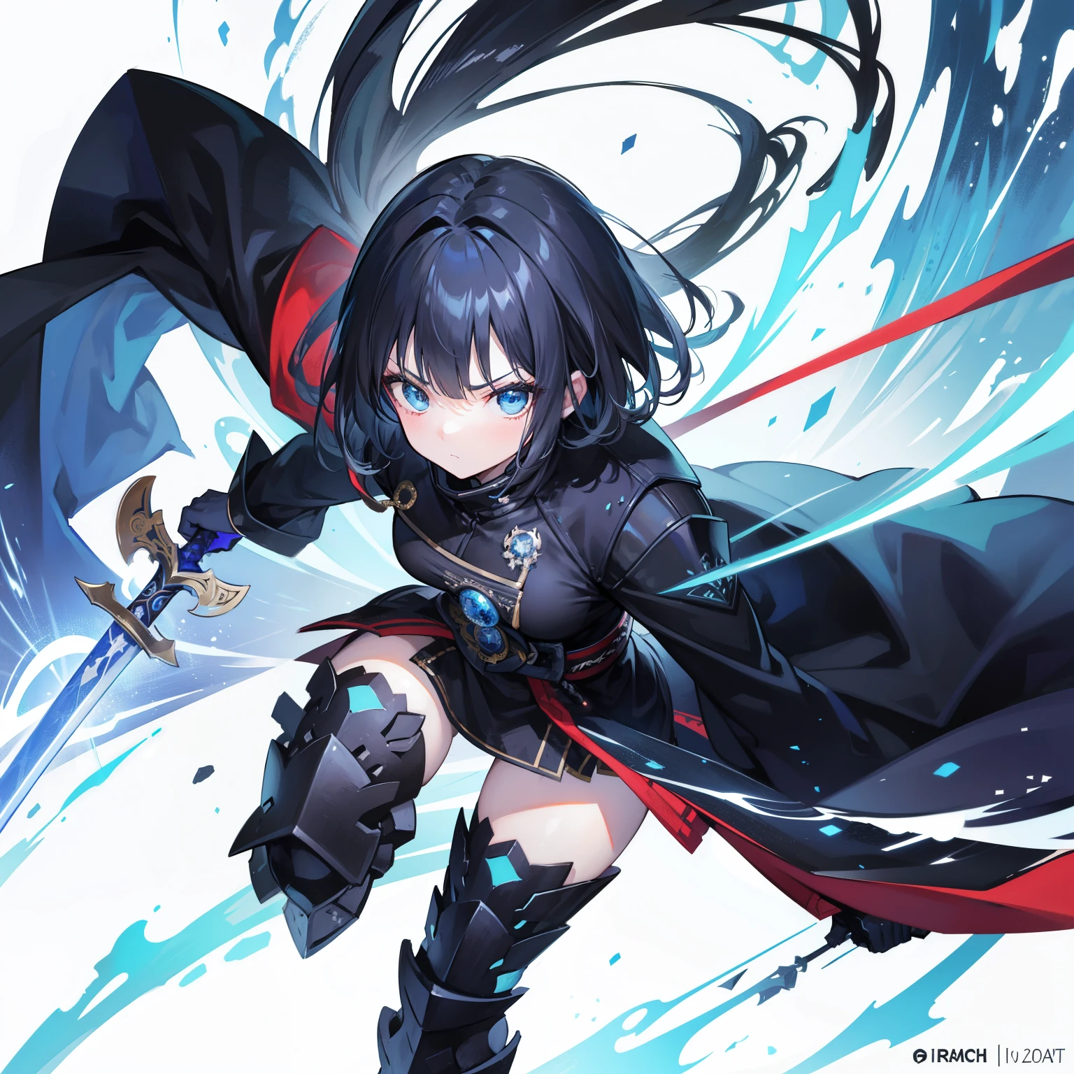 Tabletop, highest quality), (Perfect athletic body:1.2),,blue eyes、Black Hair、The inside of the hair is blue、Bobcut、Very detailed, Anime Style, whole body, Dual wields long blue great swords, Wear tech boots, 8K High Resolution, Trend Art Station, White Background, Standing in the Wilderness, whole body,Dressed in a black jacket、The Woman of Arafed,A very beautiful samurai(masterpiece), highest quality, Expressive eyes, Perfect Face, Super detailed, One girl, alone, a goddess holding a Giant Sword,Combat Stance, Dynamic Angle, attack battle form, Giant Swordを持っている, Elusive , attack,Glare, Weapon close-up, Giant Sword, a decorative sword, It's full of momentum, the sky splits, thunder and lightning, Planetary explosion