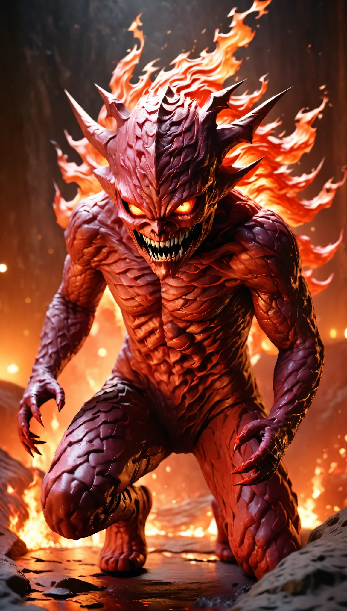 lava demon,demonic figure,lava body,flames swirling,lava river,volcanic background,dark color palette,horror atmosphere,(best quality,4k,8k,highres,masterpiece:1.2),ultra-detailed,(realistic,photorealistic,photo-realistic:1.37),HDR,UHD,studio lighting,ultra-fine painting,sharp focus,physically-based rendering,extreme detail description,professional,vivid colors,bokeh,horror,landscape,fiery reds and dark blacks,sinister lighting.