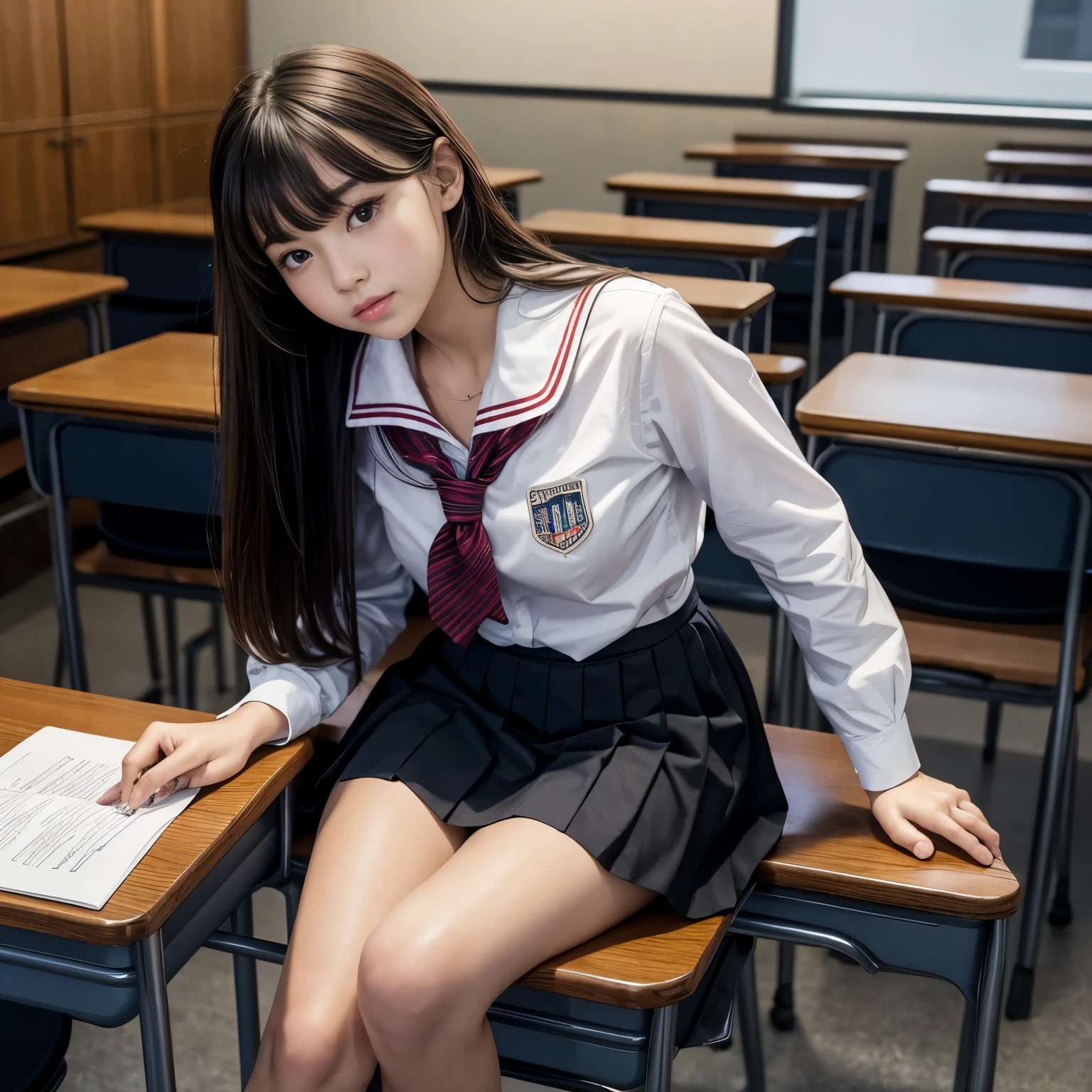 ((masterpiece, best quality)),best aesthetic,1girl, , desk, sitting, school desk, brown hair, classroom, long hair, indoors, chair, looking at viewer, :p, solo focus, brown eyes, skirt, long sleeves, pencil, 1 boy, pencil case, paper, black serafuku, pleated skirt, sailor collar, bangs, headrest, school bag, school chair
