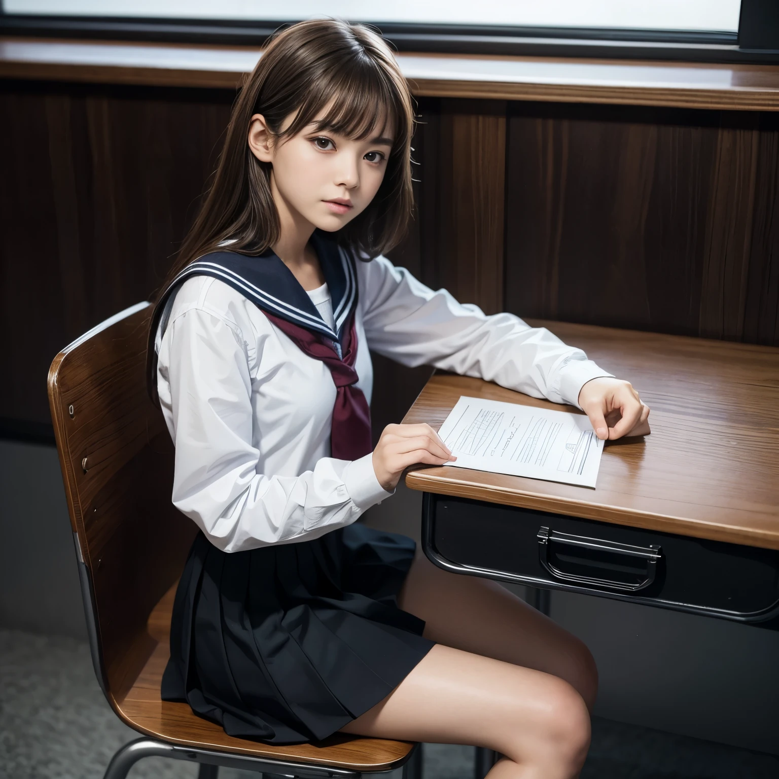 ((masterpiece, best quality)),best aesthetic,1girl, , desk, sitting, school desk, brown hair, classroom, long hair, indoors, chair, looking at viewer, :p, solo focus, brown eyes, skirt, long sleeves, pencil, 1 boy, pencil case, paper, black serafuku, pleated skirt, sailor collar, bangs, headrest, school bag, school chair