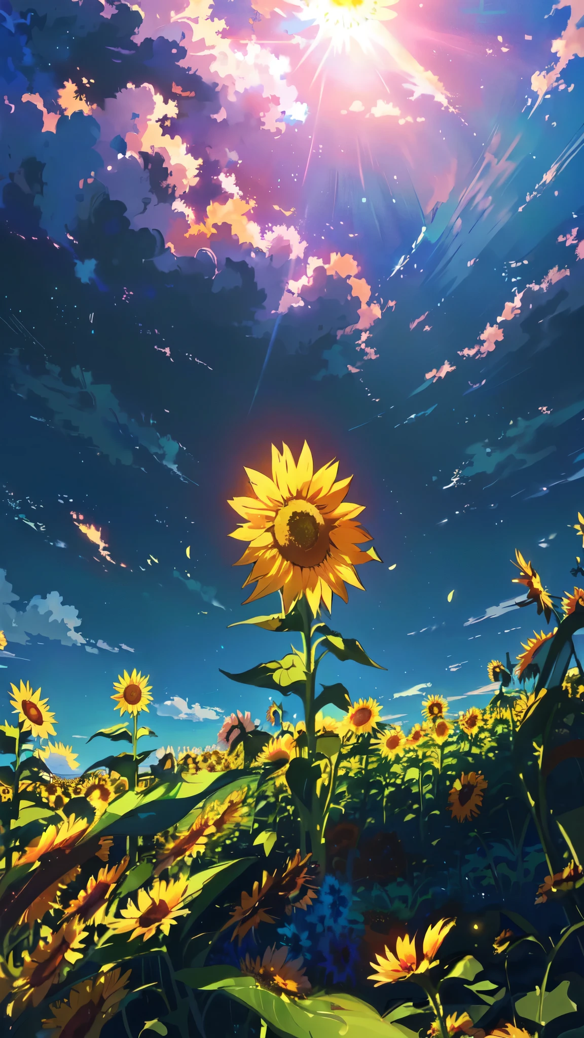 anime scenery of a sunflower in a field with a blue sky, beautiful sunflower anime girl, colorful anime movie background, anime art wallpaper 4k, anime art wallpaper 4 k, anime background, 4k anime wallpaper, anime background art, anime art wallpaper 8 k, anime movie background, anime beautiful peace scene, anime wallpaper 4k, anime wallpaper 4 k, beautiful anime scene