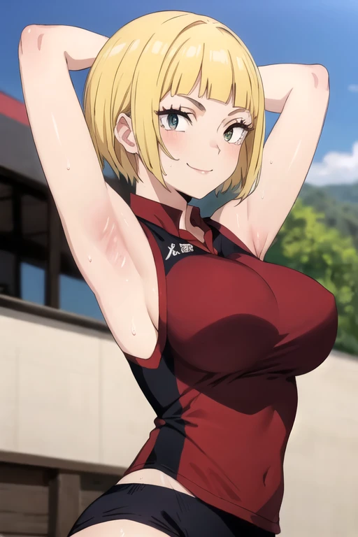 ((best quality)),((highly detailed)),masterpiece,absurdres,detailed face,beautiful face,(detailed eyes, deep eyes),1girl,((dynamic pose)), saeko tanaka, yellow hair, solo, bow, very large breasts, cowboy shot, chinese town, outdoors, seductive smile, looking at viewer, wearing black volleyball uniform, put your hands behind your head, armpits, armpits visible, sweaty armpits,
