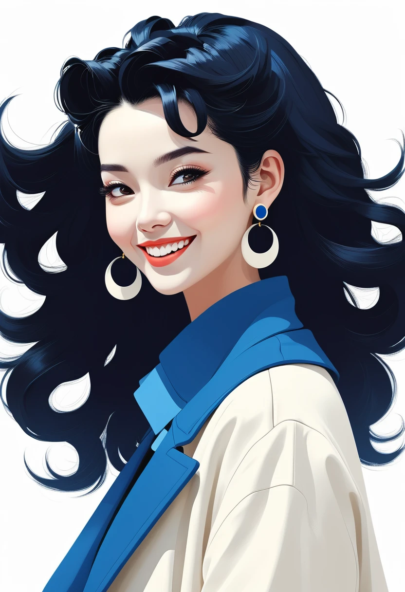 flat illustration style of a playful cool hell lady,ancient black hair style,wearing a blue coat, wearing earrings,smile, white skin, Off-white background ,blue, niji ，minimalist art，minimalist Journey