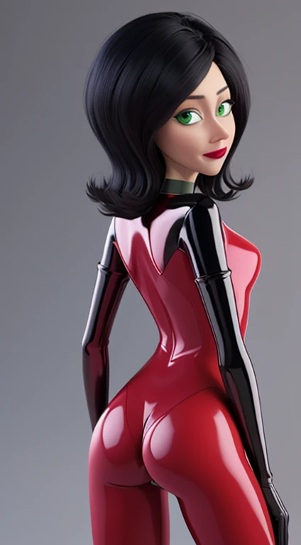 masterpiece, best quality,  scoverkill, black hair, green eyes, choker, red latex bodysuit, elbow gloves, lipstick, looking at viewer, 3d, looking at viewer, cowboy shot, grey background, back view, cameltoe, bending over, 