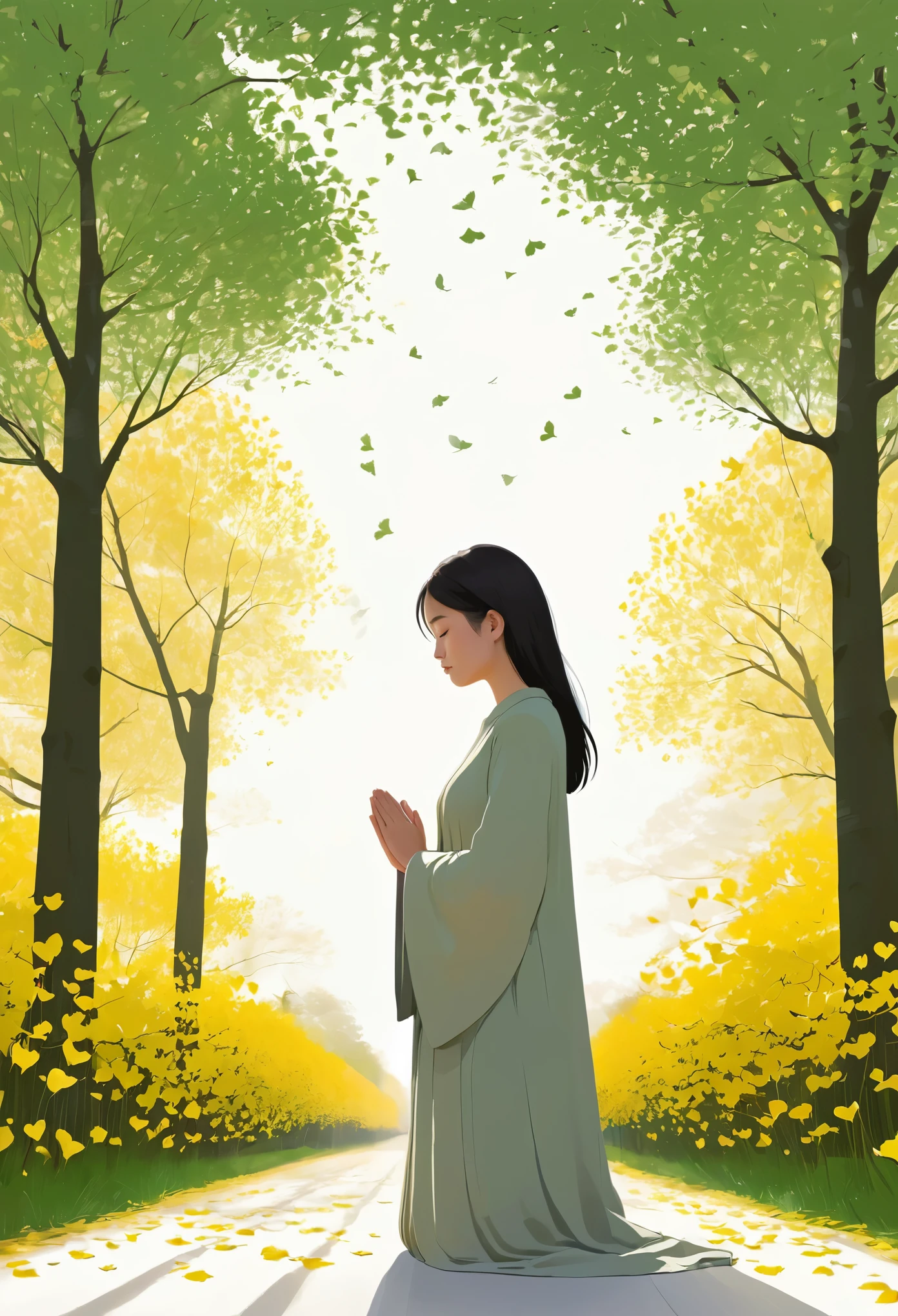 Minimalist Journey,The girl places her hands together in front of her chest, her head slightly tilted, as if engaging in a prayer, exuding devotion and tranquility, under the ginkgo tree, dutch angle,Minimalism, illustration.