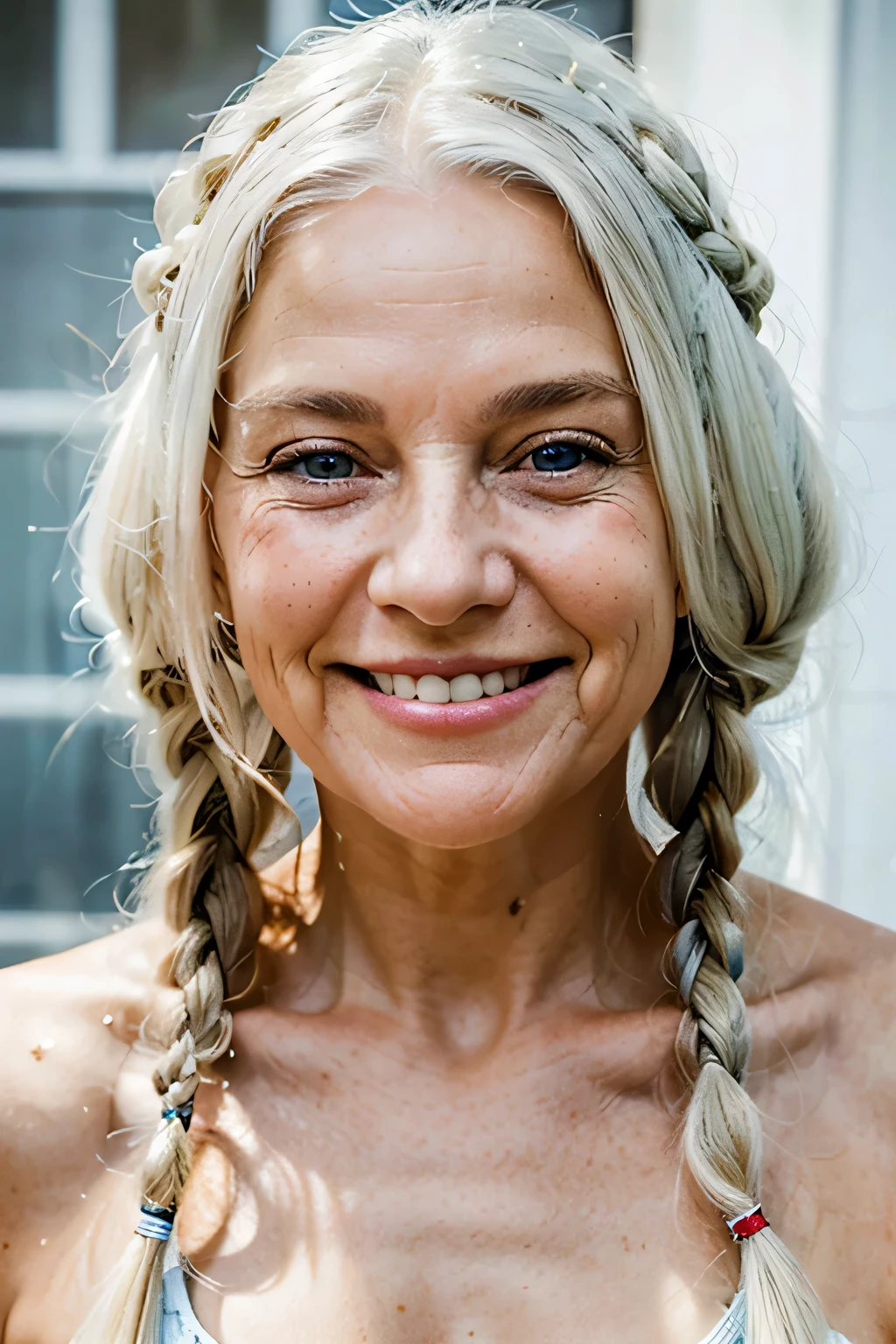 70-year-old woman, smiling, full long white hair, 3 thick braids, Beautiful smile, show teeth, perfect teeth, blue eyes, portrait, 8k, ultrarealistic, intelligent and friendly face, averagely trained body, wrinkles, some freckles.