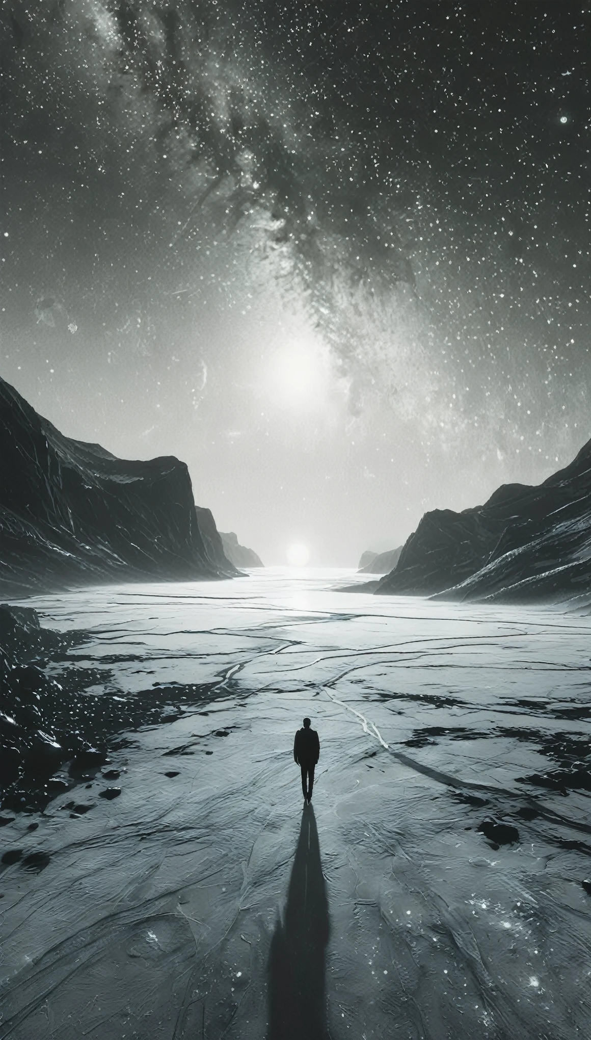 best quality,ultra-detailed,photorealistic:1.37,landscape,black and white,soft lighting,stars,planets,nebulae,wandering figure,peaceful solitude,vastness of space,subtle textures,serene atmosphere,calmness,harmony,ethereal beauty,tranquility,simple shapes and lines,sublime experience,limited color palette,dreamlike ambiance