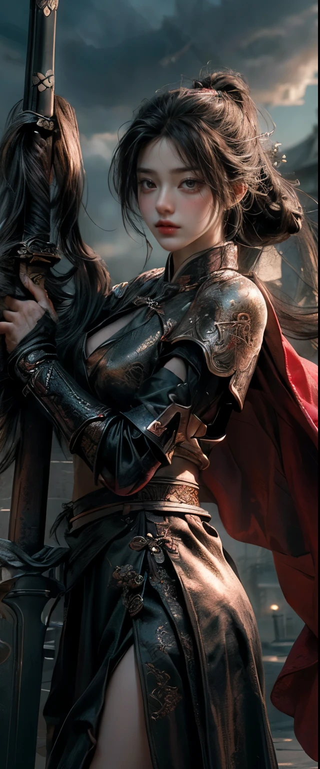((Masterpiece, Top Quality, High Resolution, Photorealistic, Raw, 8K wallpaper)), A female swordsman in Chinese clothes, Hero of the Three Kingdoms, (A large sword is held in both hands), She has long black hair tied back, wears iron armor and a blue cape, Surrounded by enemy soldiers with a burning city in the background,