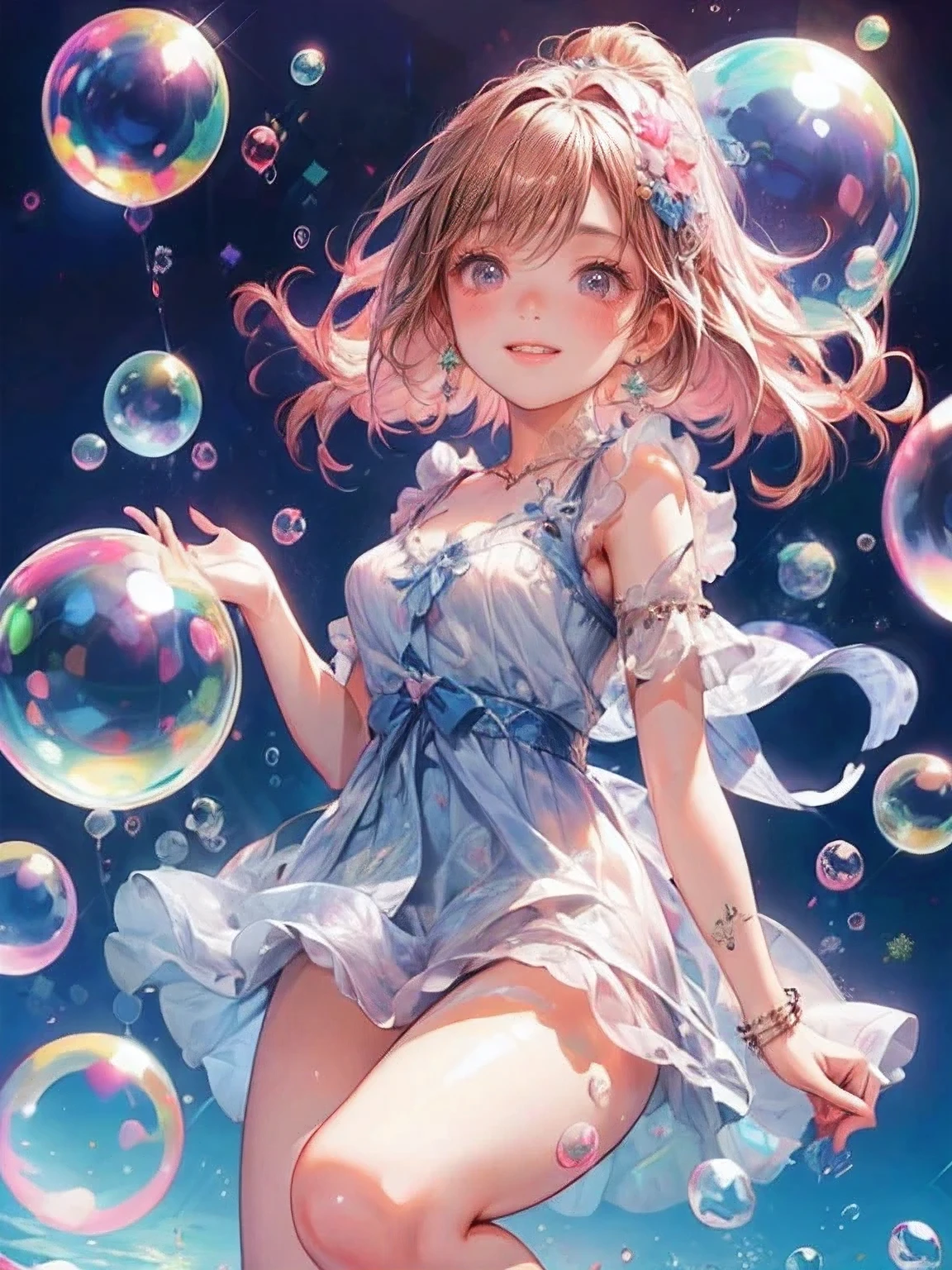 masterpiece:1.2, highest quality, 16k, highres, ultra-realistic:1.37, beautiful detailed:1.2, beautiful woman, standing, beautiful posing, bubble, heart shape bubbles:1.5, Countless bubbles (heart shape:1.2, vibrant colors), bubbles of various sizes, bubbles:1.2, too many bubbles:1.2, happily smile, beautiful delicate(hair, face, long eyelash, eyes, pupils, lips, knee, anklet, bubbles), sparkling eyes, shining rosy lips, blushed cheek, through bangs,