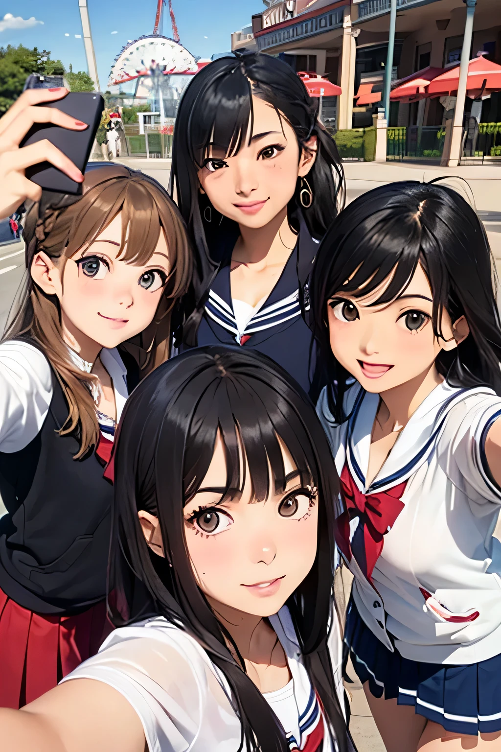highest quality、High resolution、Detailed Background、(Beautiful face in every detail:1.4)、Anatomically correct、(Draw the usual number of fingers:1.2)、(Detailed facial expressions)、(Detailed eyes:1.2)、(Detailed eyes:1.2)、Teenage beauty、(Highly detailed face:1.4)、Brown Hair、Black Hair、Bobcut、ponytail、Braided long hair、Wavy Hairstyle、well-groomed eyebrows、Perfect body line、White Sailor Suit、Light blue sailor collar、Pleated skirt、School Cardigan、White Stockings、Theme park、amusement park、Cowboy Shot、
(Three beautiful girls taking a selfie in a playful and fun way:1.5)、
Making surprised expressions or gestures while riding a roller coaster or merry-go-round、
amusement parkでアイスクリームやポップコーンなどのおやつがこぼれるcuteハプニング、
Make cute poses and gestures when taking photos with the Disney and Sanrio characters who greet you.、cute