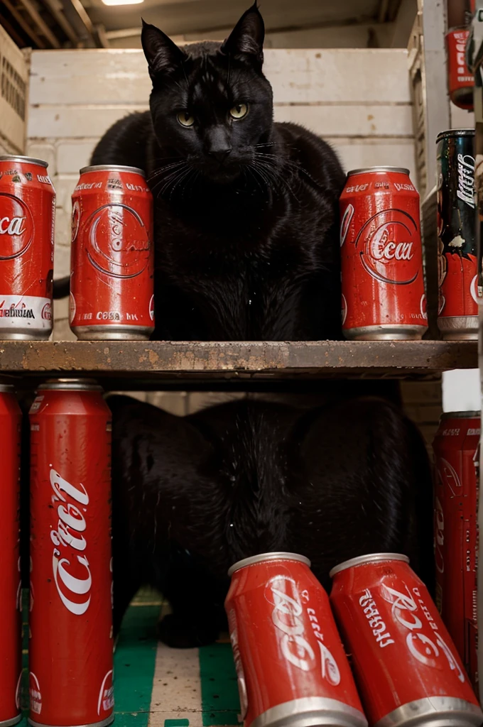 A big black cat hissing and fighting with a human for his Coca-Cola's cans that he considers his property