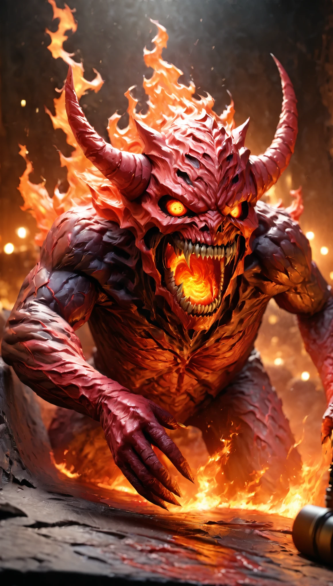 lava demon,demonic figure,lava body,flames swirling,lava river,volcanic background,dark color palette,horror atmosphere,(best quality,4k,8k,highres,masterpiece:1.2),ultra-detailed,(realistic,photorealistic,photo-realistic:1.37),HDR,UHD,studio lighting,ultra-fine painting,sharp focus,physically-based rendering,extreme detail description,professional,vivid colors,bokeh,horror,landscape,fiery reds and dark blacks,sinister lighting.