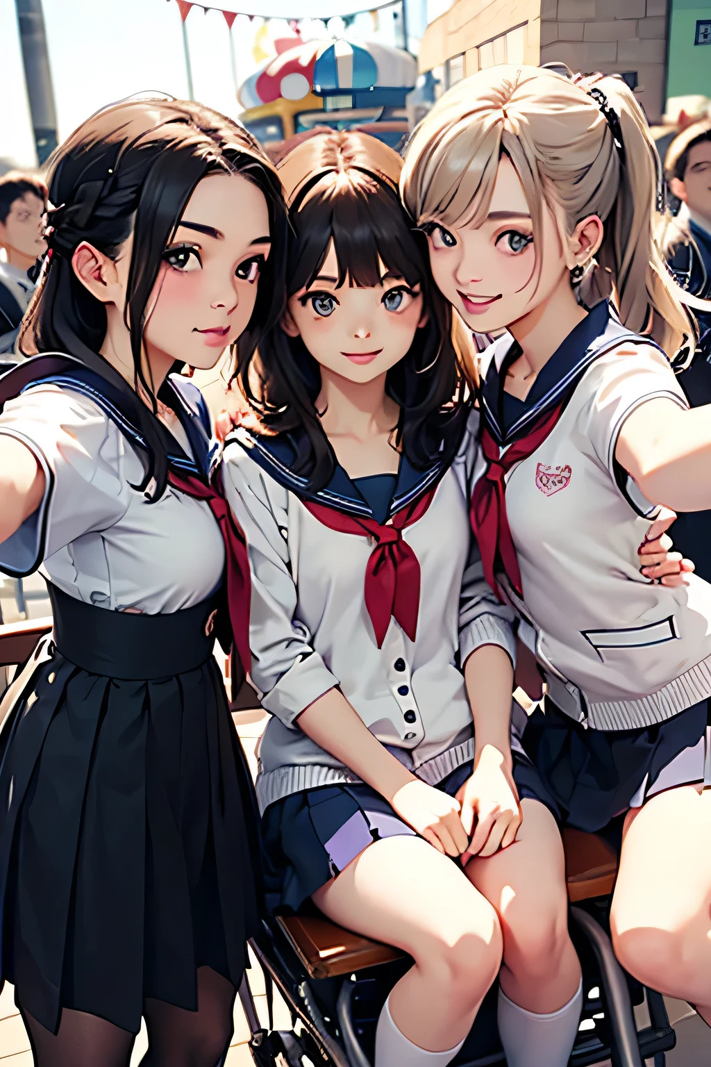 highest quality、High resolution、Detailed Background、(Beautiful face in every detail:1.4)、Anatomically correct、(Draw the usual number of fingers:1.2)、(Detailed facial expressions)、(Detailed eyes:1.2)、(Detailed eyes:1.2)、Teenage beauty、(Highly detailed face:1.4)、Brown Hair、Black Hair、Bobcut、ponytail、Braided long hair、Wavy Hairstyle、well-groomed eyebrows、Perfect body line、White Sailor Suit、Light blue sailor collar、Pleated skirt、School Cardigan、White Stockings、Theme park、amusement park、Cowboy Shot、

(Three beautiful girls taking a selfie in a playful and fun way:1.5)、

Making surprised expressions or gestures while riding a roller coaster or merry-go-round、
amusement parkでアイスクリームやポップコーンなどのおやつがこぼれるcuteハプニング、
Make cute poses and gestures when taking photos with the Disney and Sanrio characters who greet you.、cute