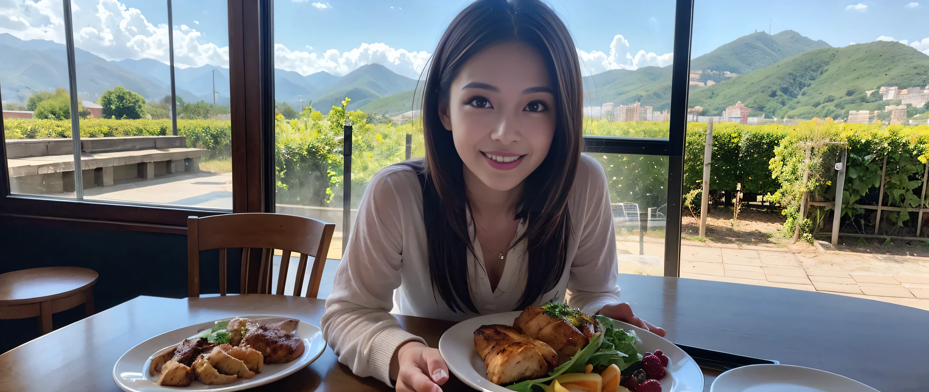 ((highest quality、8k、masterpiece:1.3))、Sharp focus:1.2、Beautiful woman perfect body:1.4、Slim body、((Bob Hale、Straight hair:1.2))、(to be born, highest quality, masterpiece:1.5), (Realistic, Intricate details:1.2), Ultra-high resolution, Amazing view of the sunset sky and clouds、Amazing mountain views、A bright smile、A lovely woman with a smile、Bright image、2. The beauty of wine, Beautiful Face, blue eyes, The light shines on your face, Blushing, short hair,Bright Face、Fox face、 (36 years old), 39 years old, Lady、red wine 、Appetizers、Italian food、Wine bottle、Champagne、sparkling wine、Two beauties、Brown Hair、Shortcuts、Long sleeve shirt、dress、Pretty Woman 1, (Slim face), (The body is slim), (Brown Hair), (Shortcuts), cheeks turn a little red,Attractive beauty、, Out of the window, A beautiful and detailed night view unfolds.........., restaurant, In a prominent place (From the waist up) Nova Frog Style, actress, model, Upper Body, White wine, slim, wine glass, A wine glass placed in the middle, smile, (smile: 1.15), Beautiful fine grain, Depth f/2,saturation, High Contrast, Strong light and shadow,Moist Body:1.5、3D texture、Delicate eyes、Brown Hair、The hair is very shiny、