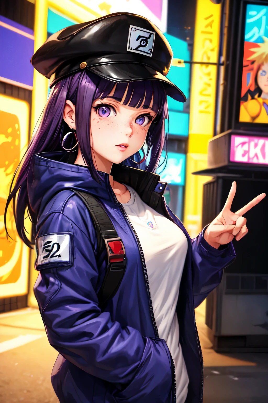 1girl, hinata, naruto, Naruto Anime ,solo,colorful,megenta eyes,cyberpunk,city,billboard name theddr95x, peace sign,earrings,purple hair,eye patche,freckles,prothesis,mechanic,neon,beautiful lighting,purple reflection,cap, brand text, theddr95x,smoking,character focus,cg illustration,bust shot,red and blue outfit,black hair,, proper lips