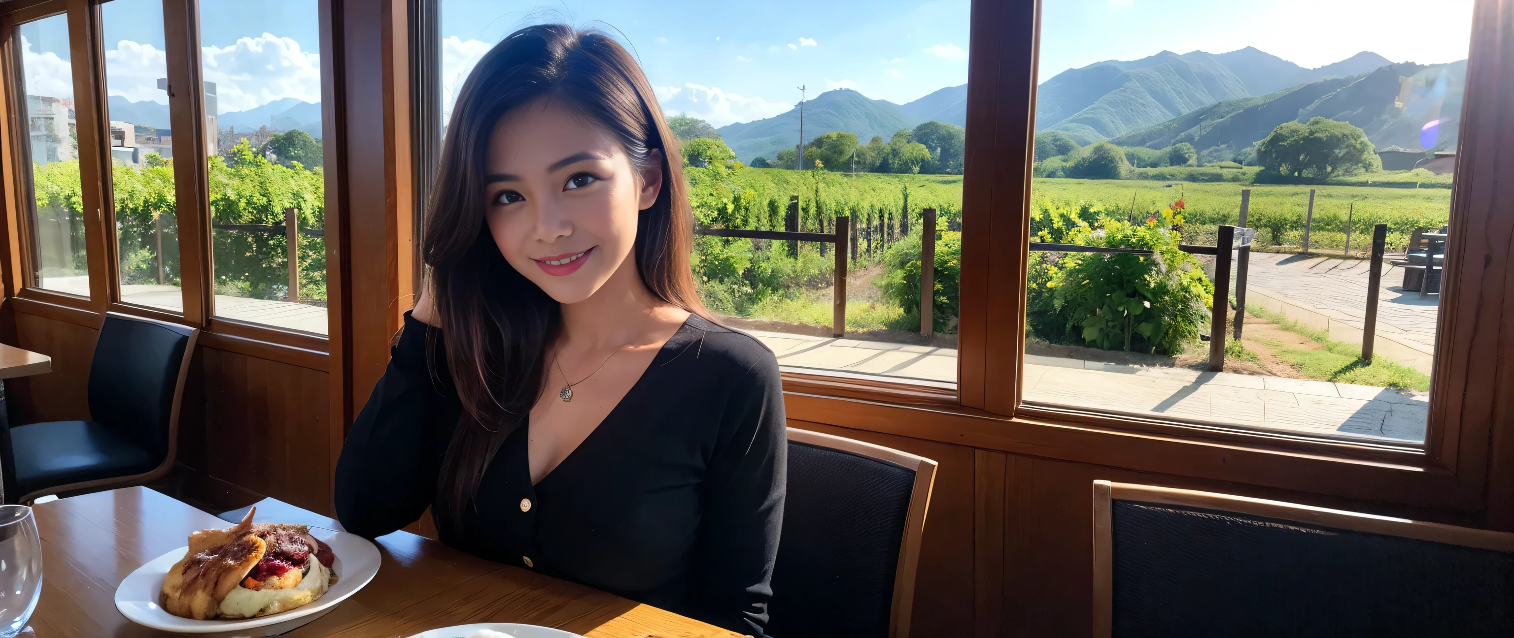 ((highest quality、8k、masterpiece:1.3))、Sharp focus:1.2、Beautiful woman perfect body:1.4、Slim body、((Bob Hale、Straight hair:1.2))、(to be born, highest quality, masterpiece:1.5), (Realistic, Intricate details:1.2), Ultra-high resolution, Amazing view of the sunset sky and clouds、Amazing mountain views、A bright smile、A lovely woman with a smile、Bright image、2. The beauty of wine, Beautiful Face, blue eyes, The light shines on your face, Blushing, short hair,Bright Face、Fox face、 (36 years old), 39 years old, Lady、red wine 、Appetizers、Italian food、Wine bottle、Champagne、sparkling wine、Two beauties、Brown Hair、Shortcuts、Long sleeve shirt、dress、Pretty Woman 1, (Slim face), (The body is slim), (Brown Hair), (Shortcuts), cheeks turn a little red,Attractive beauty、, Out of the window, A beautiful and detailed night view unfolds.........., restaurant, In a prominent place (From the waist up) Nova Frog Style, actress, model, Upper Body, White wine, slim, wine glass, A wine glass placed in the middle, smile, (smile: 1.15), Beautiful fine grain, Depth f/2,saturation, High Contrast, Strong light and shadow,Moist Body:1.5、3D texture、Delicate eyes、Brown Hair、The hair is very shiny、