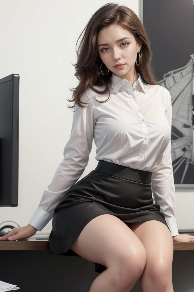 A woman sitting in an office, a white wall, A gray table, poster on wall, ))), ((best quality)), ((intricate details)), ((hyper-realistic)), Ridiculous resources, moro liberation front, mature woman, view, Very detailed, illustration, 1 girl, (()), perfect hands, Detailed fingers, Beautiful and delicate eyes, long hair, brown eyes, Name label, CEO, (Business attire:1.2), open office shirt, split, tight skirt, black collar, earrings, , Detailed background, bedroom, perfect eyes, eyes, looking at the audience, from the front