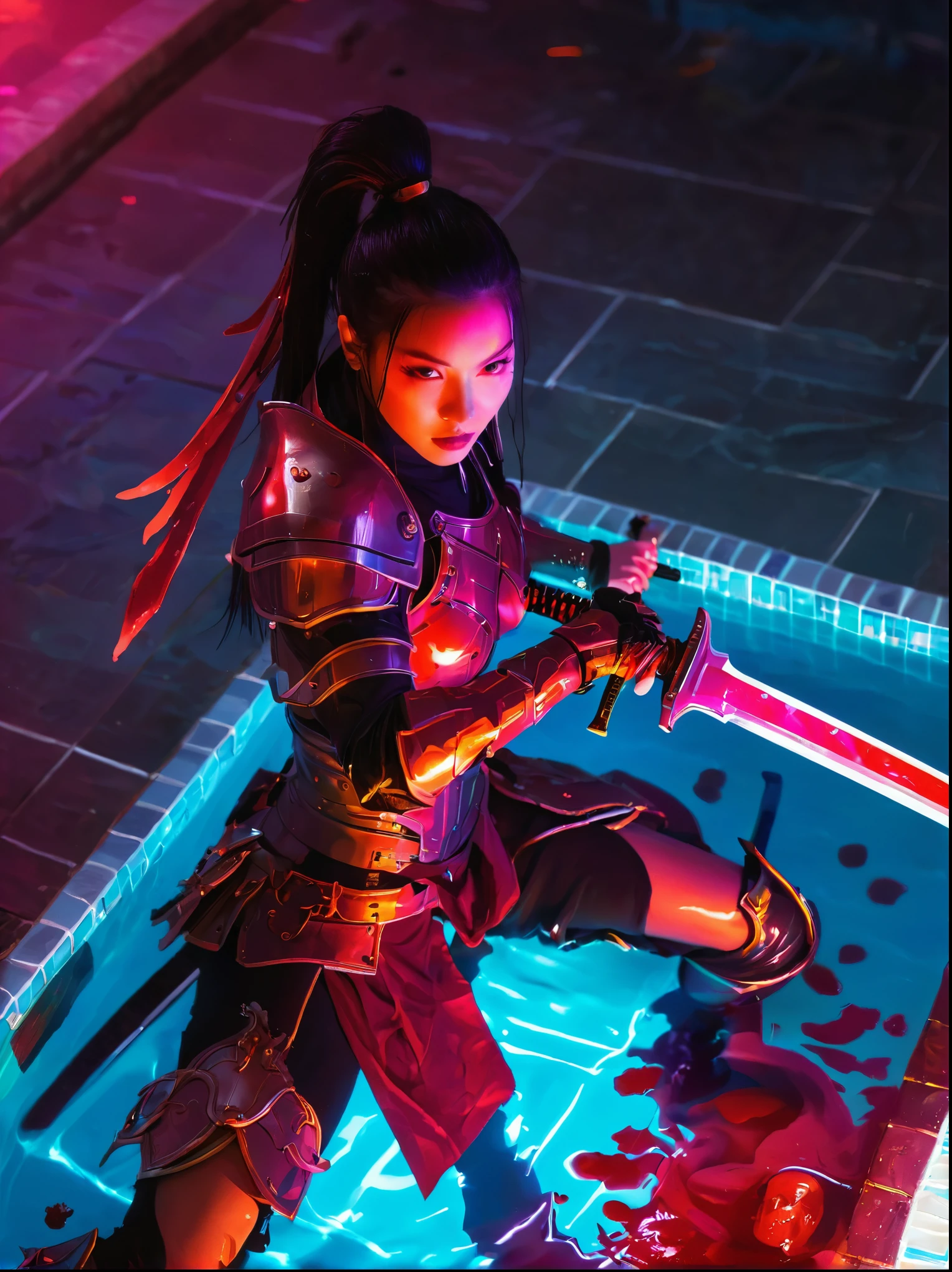 Cyberpunk helllady warrior in neon mecha armor，female swordsman Holding a sword in a pool of blood，solo，1sword，Luminescence&#39;s light eyes，Devil&#39;s Wings，Wide-angle lens，biology，weird，Creepy，nightmarish，Very bright neon colors，Light Particles，Luminescence，Best Photo of the Year Winner，the world on fire，Post-apocalyptic hellscape，Military photography，Epic Photo of the Yeare on the horizon，Epic movie shots，Pure form，Intricate details，8k，Post-production，high resolution，Super Detail，anatomical correct:2