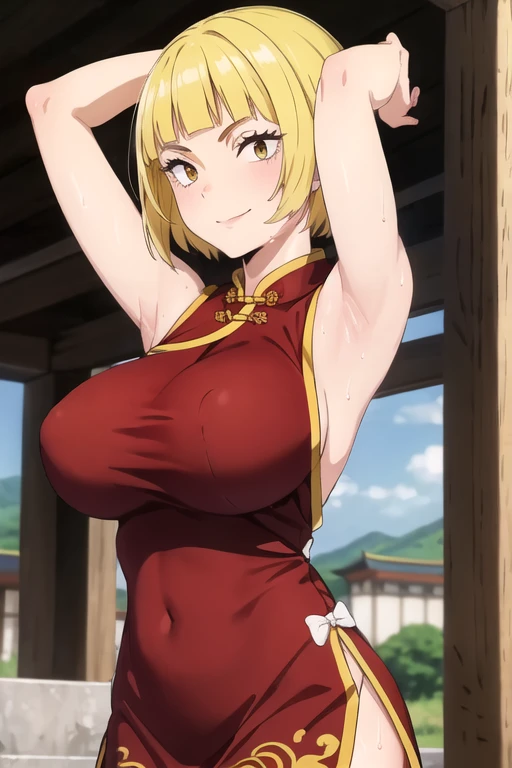 ((best quality)),((highly detailed)),masterpiece,absurdres,detailed face,beautiful face,(detailed eyes, deep eyes),1girl,((dynamic pose)), saeko tanaka, yellow hair, solo, bow, very large breasts, cowboy shot, chinese town, outdoors, seductive smile, looking at viewer, wearing yellow chinese dress, put your hands behind your head, armpits, armpits visible, sweaty armpits,