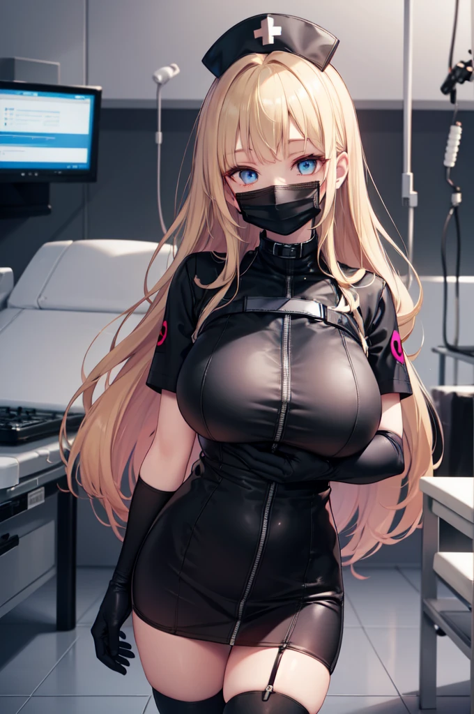 Black Nurse, 1 Female, alone, Black Nurse cap, Black Nurse uniform, ((Black legwear, zettai ryouiki)), Black elbow gloves, Huge breasts,Blonde, blue eyes, ((Black surgical mask, Covered Nose)), Are standing, ((operating room)), Sharp contours, Short sleeve, Mature Woman, 30 years old, highest quality, masterpiece