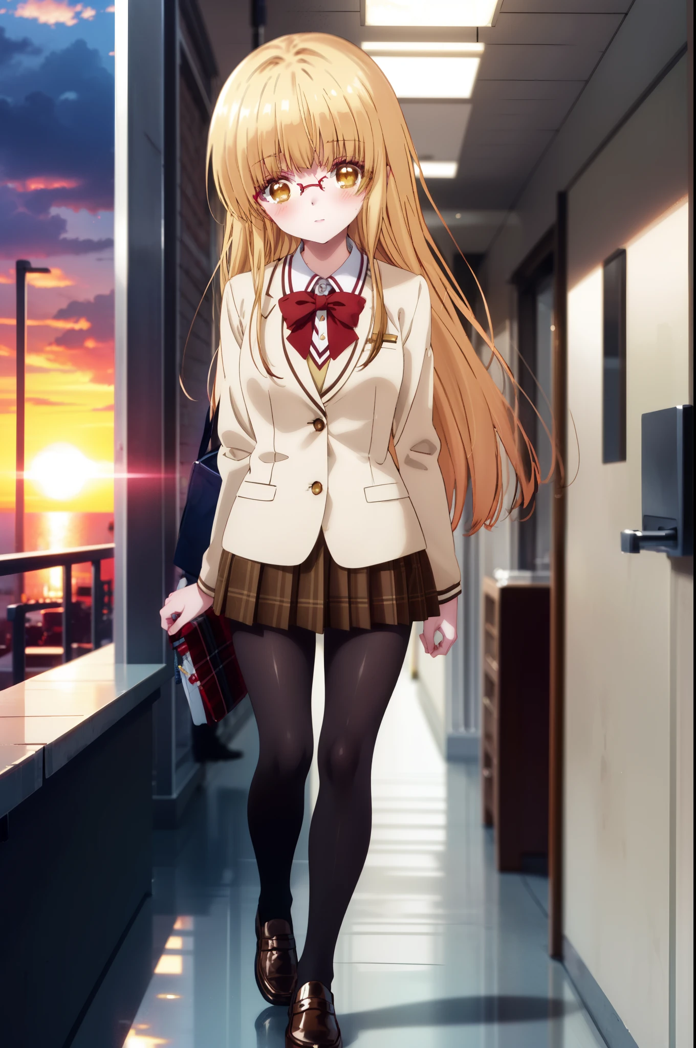 mahirushiina, Mahiru shiina, blonde, (Brown eyes:1.7), Long Hair, smile,blush,Open your mouth,Akagi glasses,
break black footwear, black pantyhose, blazer, bow, bowtie, collar, collared shirt, Jacket, pantyhose, Plaid, Plaid skirt, pleated skirt, red bow, red bowtie, , shirt, Brown Loafers, skirt,student鞄,Walking,whole bodyがイラストに入るように,evening,sunset,The sun is setting,
break looking at viewer, whole body,crowd, people々々,,
break indoors, student　corridor,
break (masterpiece:1.2), highest quality, High resolution, unity 8k wallpaper, (shape:0.8), (Beautiful details:1.6), Highly detailed face, Perfect lighting, Extremely detailed CG, (Perfect hands, Perfect Anatomy),