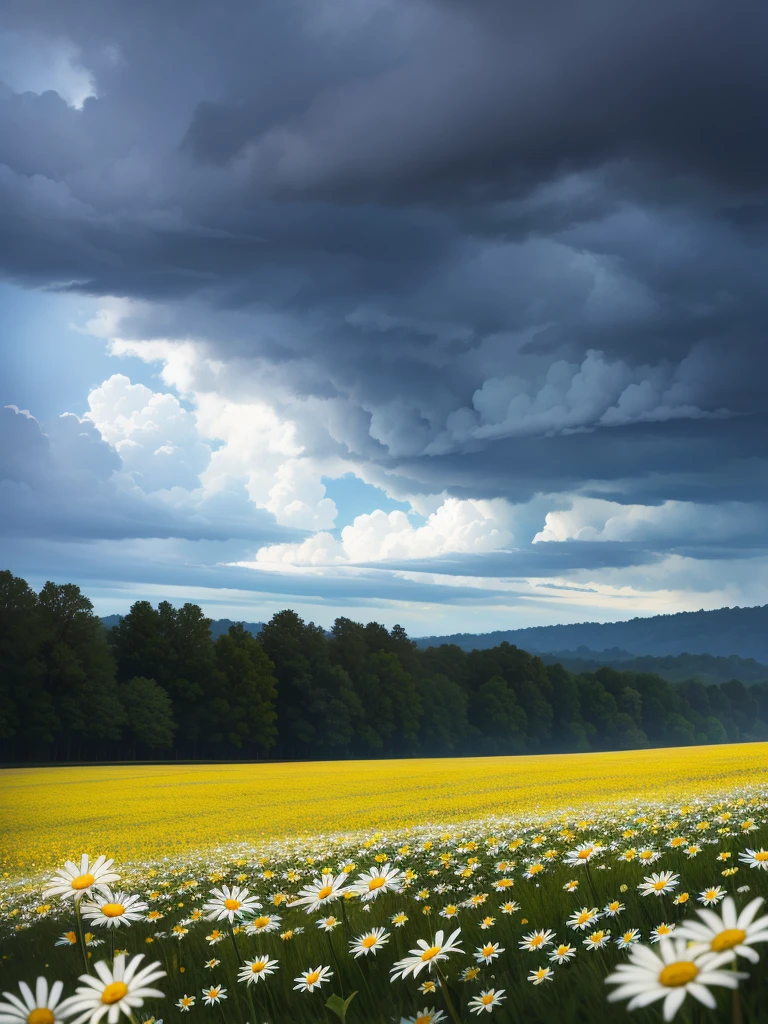 Thunderstorm over a field of daisies