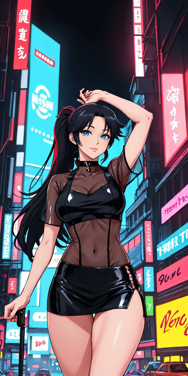 (upper body, anime style, sfw, frontage), high quality, best quality, masterpiece, thighs, bright blue detailed eyes, cinematic view of sexy Misato Katsuragi posing dynamically, black long hair, looking up at a cyberpunk neo tokyo well lit highrise building, filled with neon signs, (perfect medium sagging breasts), well lit by red neon lights, ((see-through, see-through breasts)), ponytail, (thighs, translucid), black leather