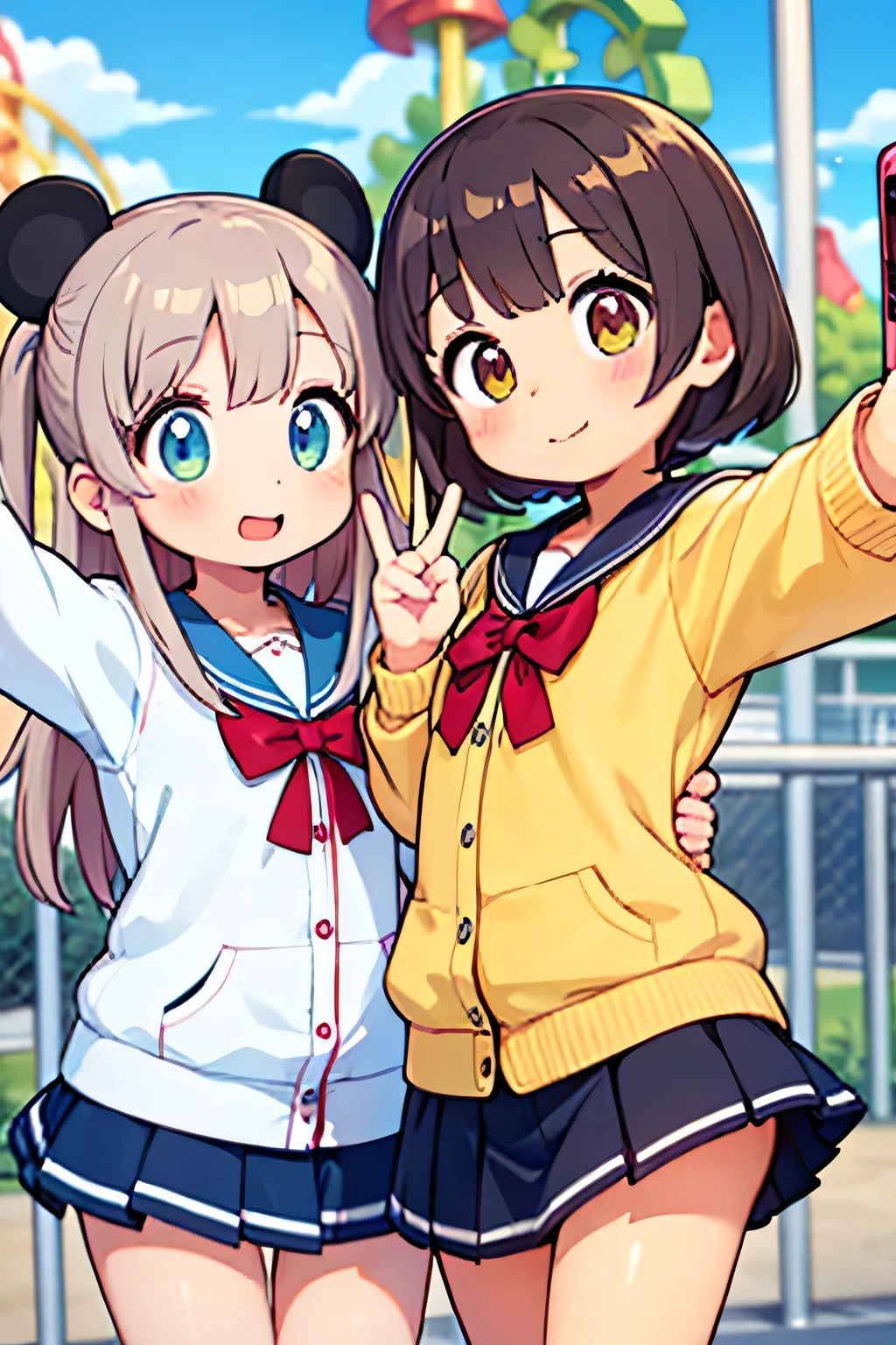 highest quality、High resolution、Detailed Background、(Beautiful face in every detail:1.4)、Anatomically correct、(Draw the usual number of fingers:1.2)、(Detailed facial expressions)、(Detailed eyes:1.2)、(Detailed eyes:1.2)、age beauty、(Highly detailed face:1.4)、Brown Hair、Black Hair、Bobcut、ponytail、Braided long hair、Wavy Hairstyle、well-groomed eyebrows、Perfect body line、White Sailor Suit、Light blue sailor collar、Pleated skirt、School Cardigan、White Stockings、Theme park、amusement park、A big smile、Cowboy Shot、
(Two beautiful girls happily taking selfies with Disney characters:1.5)、
Making surprised expressions or gestures while riding a roller coaster or merry-go-round、
amusement parkでアイスクリームやポップコーンなどのおやつがこぼれるcuteハプニング、
Make cute poses and gestures when taking photos with the Disney and Sanrio characters who greet you.、cute
