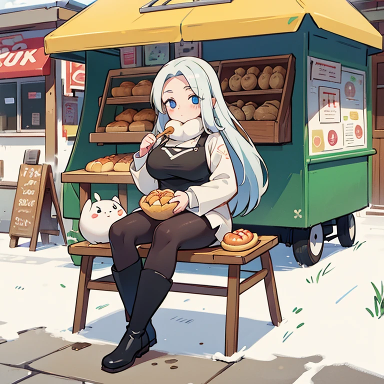 Woman in knitwear eating piroshki at a Russian street food stall　Black tights and long boots　Large Breasts　Pale skin　