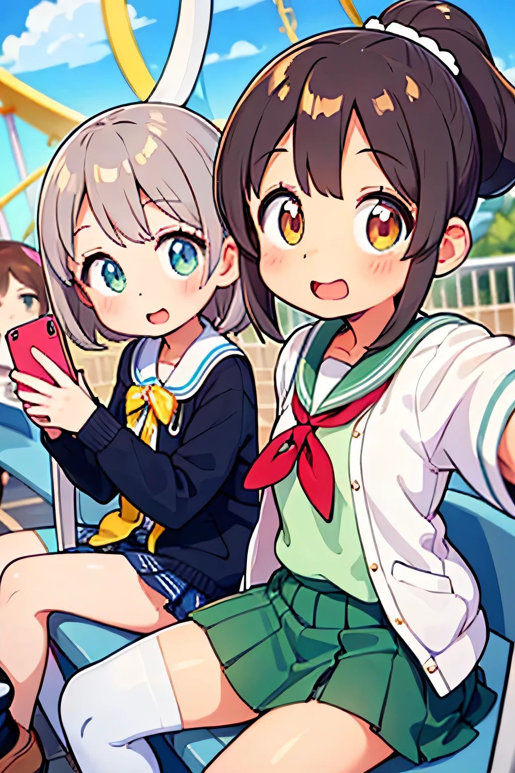highest quality、High resolution、Detailed Background、(Beautiful face in every detail:1.4)、Anatomically correct、(Draw the usual number of fingers:1.2)、(Detailed facial expressions)、(Detailed eyes:1.2)、(Detailed eyes:1.2)、age beauty、(Highly detailed face:1.4)、Brown Hair、Black Hair、Bobcut、ponytail、Braided long hair、Wavy Hairstyle、well-groomed eyebrows、Perfect body line、White Sailor Suit、Light blue sailor collar、Pleated skirt、School Cardigan、White Stockings、Theme park、amusement park、A big smile、Cowboy Shot、
(Two beautiful girls happily taking selfies with Disney characters:1.5)、
Making surprised expressions or gestures while riding a roller coaster or merry-go-round、
amusement parkでアイスクリームやポップコーンなどのおやつがこぼれるcuteハプニング、
Make cute poses and gestures when taking photos with the Disney and Sanrio characters who greet you.、cute