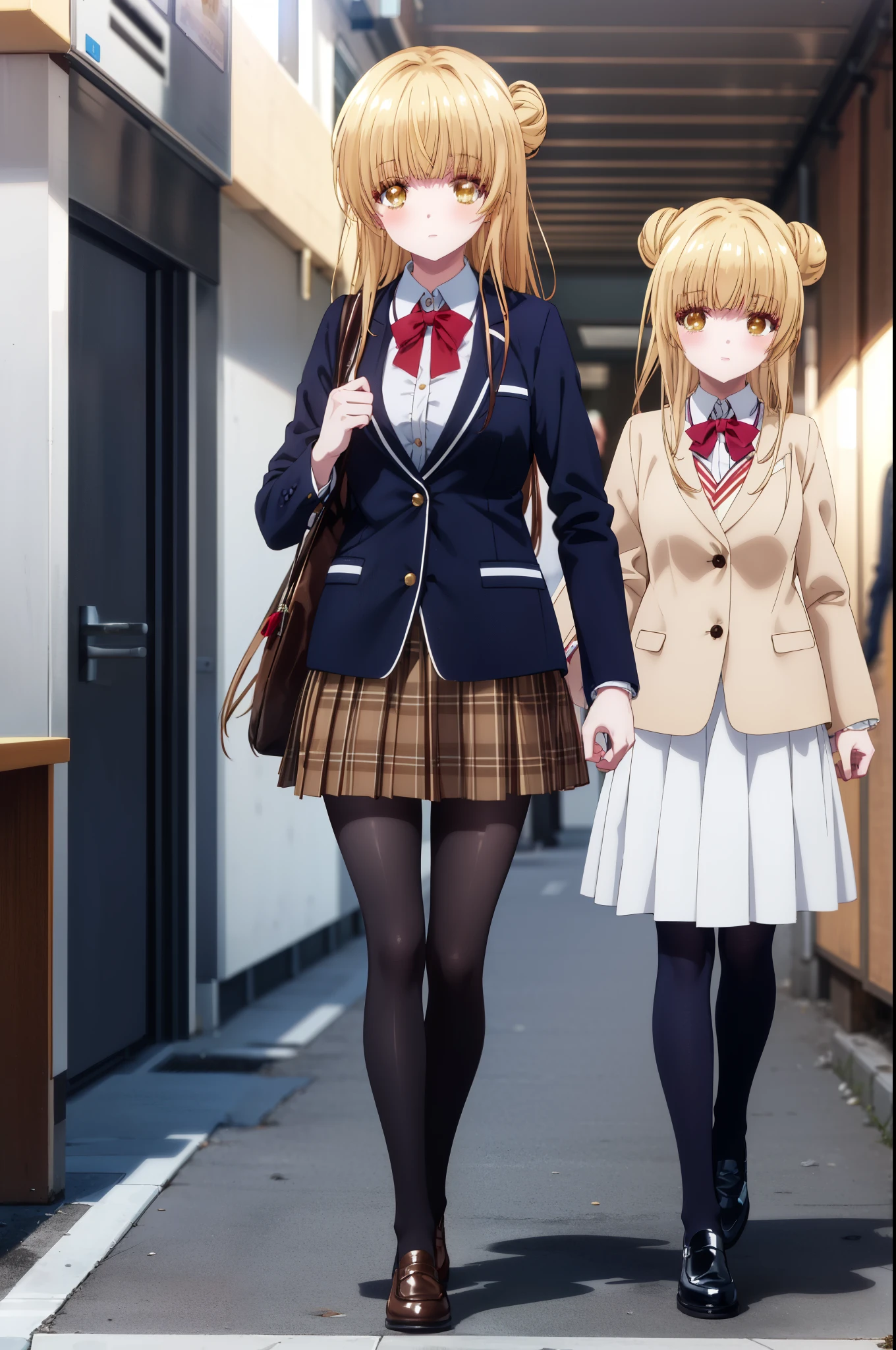 mahirushiina, Mahiru shiina, blonde, (Brown eyes:1.7), Long Hair, smile,blush,Open your mouth,Akagi glasses,Hair Bun, single Hair Bun,
break black footwear, black pantyhose, blazer, bow, bowtie, collar, collared shirt, Jacket, pantyhose, Plaid, Plaid skirt, pleated skirt, red bow, red bowtie, , shirt, Brown Loafers, skirt,student鞄,Walking,whole bodyがイラストに入るように,evening,sunset,The sun is setting,
break looking at viewer, whole body,crowd, people々々,,
break indoors, student　corridor,
break (masterpiece:1.2), highest quality, High resolution, unity 8k wallpaper, (shape:0.8), (Beautiful details:1.6), Highly detailed face, Perfect lighting, Extremely detailed CG, (Perfect hands, Perfect Anatomy),