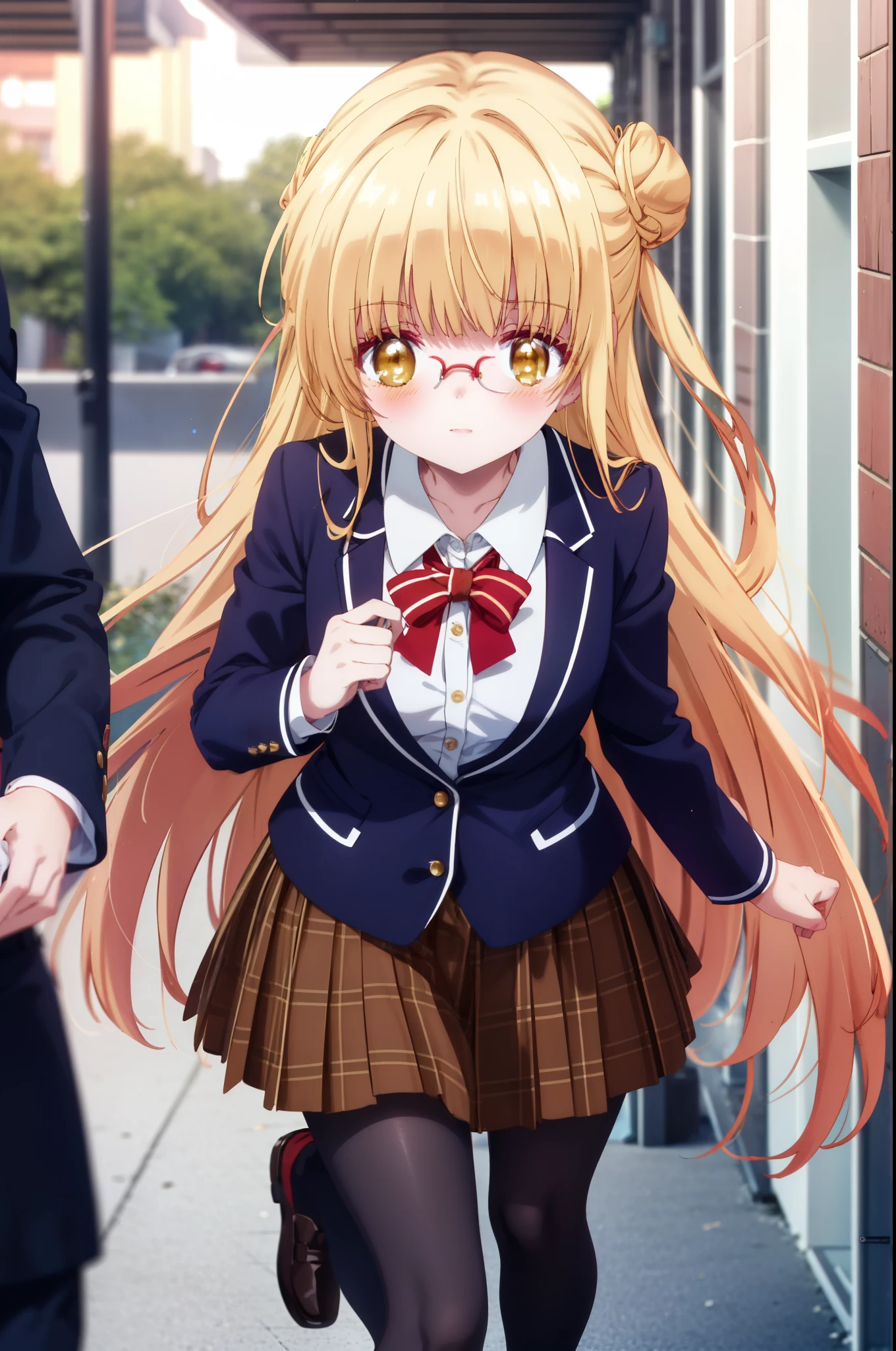 mahirushiina, Mahiru shiina, blonde, (Brown eyes:1.7), Long Hair, smile,blush,Open your mouth,Akagi glasses,Hair Bun, single Hair Bun,
break black footwear, black pantyhose, blazer, bow, bowtie, collar, collared shirt, Jacket, pantyhose, Plaid, Plaid skirt, pleated skirt, red bow, red bowtie, , shirt, Brown Loafers, skirt,student鞄,Walking,whole bodyがイラストに入るように,evening,sunset,The sun is setting,
break looking at viewer, whole body,crowd, people々々,,
break indoors, student　corridor,
break (masterpiece:1.2), highest quality, High resolution, unity 8k wallpaper, (shape:0.8), (Beautiful details:1.6), Highly detailed face, Perfect lighting, Extremely detailed CG, (Perfect hands, Perfect Anatomy),