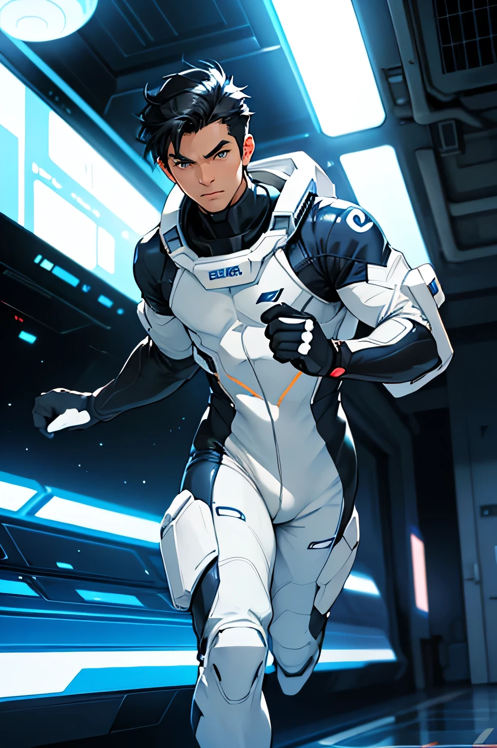 Handsome Men Black hair, shaved, Japanese, 22 years old A tight white and blue rubber suit Science fiction Futuristic tight rubber suit Run at full speed Short Hair Looking at the camera while running The man has nothing in his hands Run at full speed white gloves The background is a space station