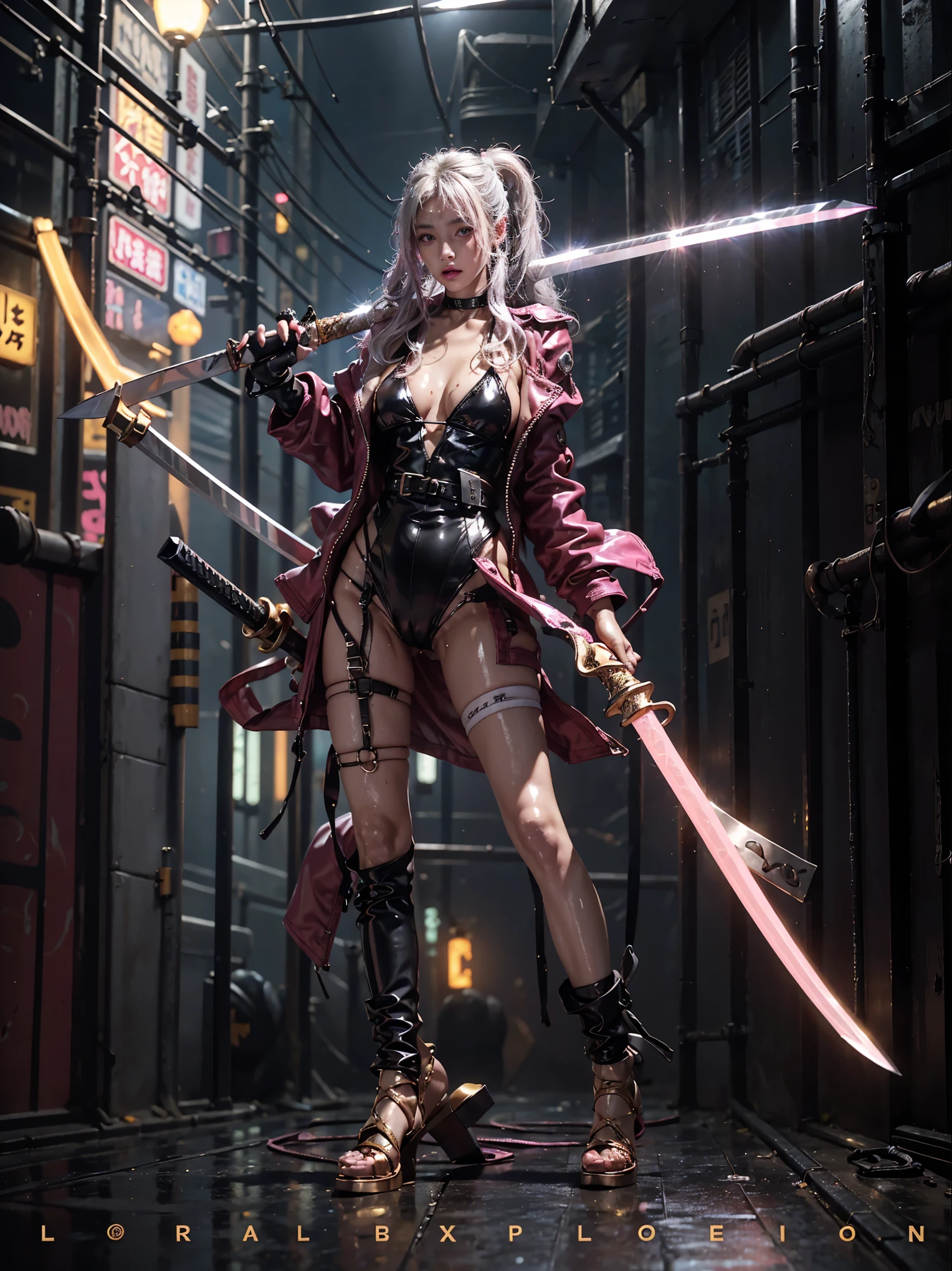 highest quality、surreal、perfect anatomy、Wet and shiny white skin、model body shape、Sweat dripping all over the body、Super small face、Ahegao、Cleavage、Cyberpunk City、Monotone urban tech wear、Pink, black, silver and golden hair、Holding a Japan sword in each hand、Micro Bikini、Neon lights、