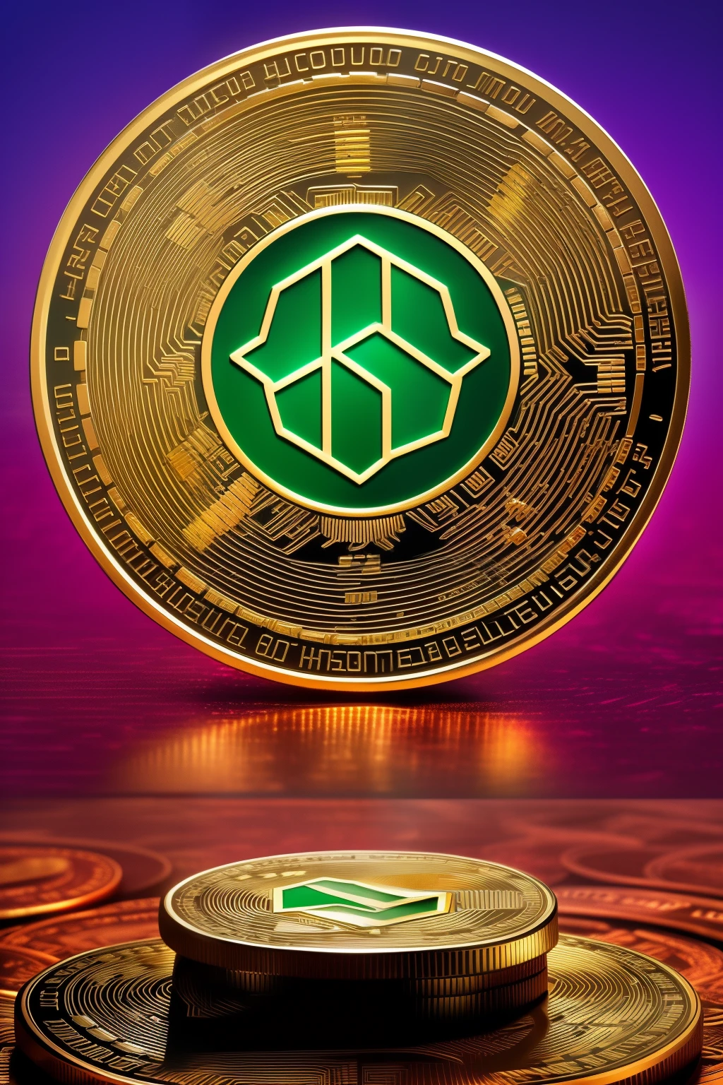 Detailed and captivating illustration of DesCoin, the name of a cryptocurrency, portrayed as a modern digital coin with intricate patterns and sophisticated design. The coin is depicted as if hovering in mid-air, surrounded by dynamic and vibrant lighting effects. Its metallic surface reflects a myriad of colors, reflecting the advanced technology behind it. The overall presentation is sleek, stylish, and high definition, making it an impressive visual representation of the DesCoin name in the world of cryptocurrencies. 8K, digital art, cutting-edge design, high detail, intricate patterns, dynamic lighting, sleek and modern, high definition, cryptocurrency illustration.