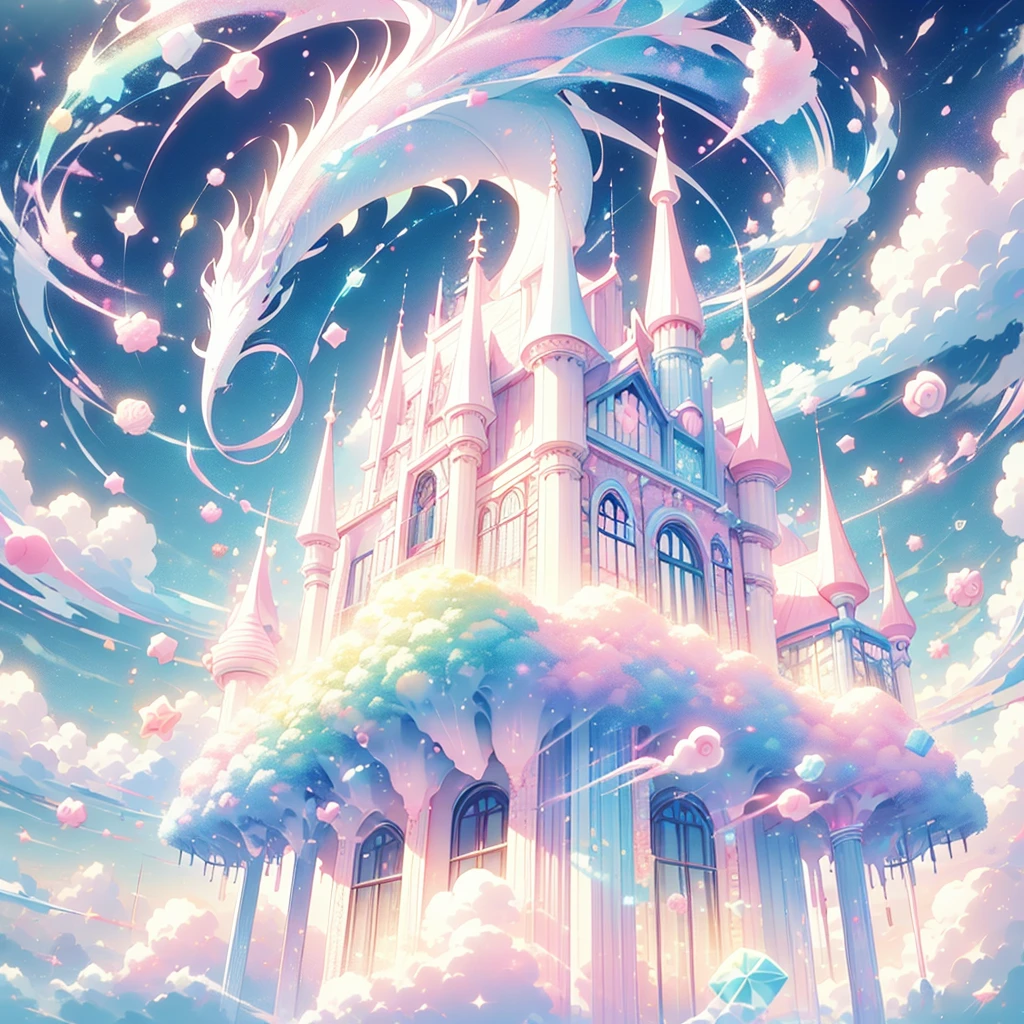 PastelColors、Pink and White Candy House、Chibi sitting astride on a dragon、Flying in the sky、