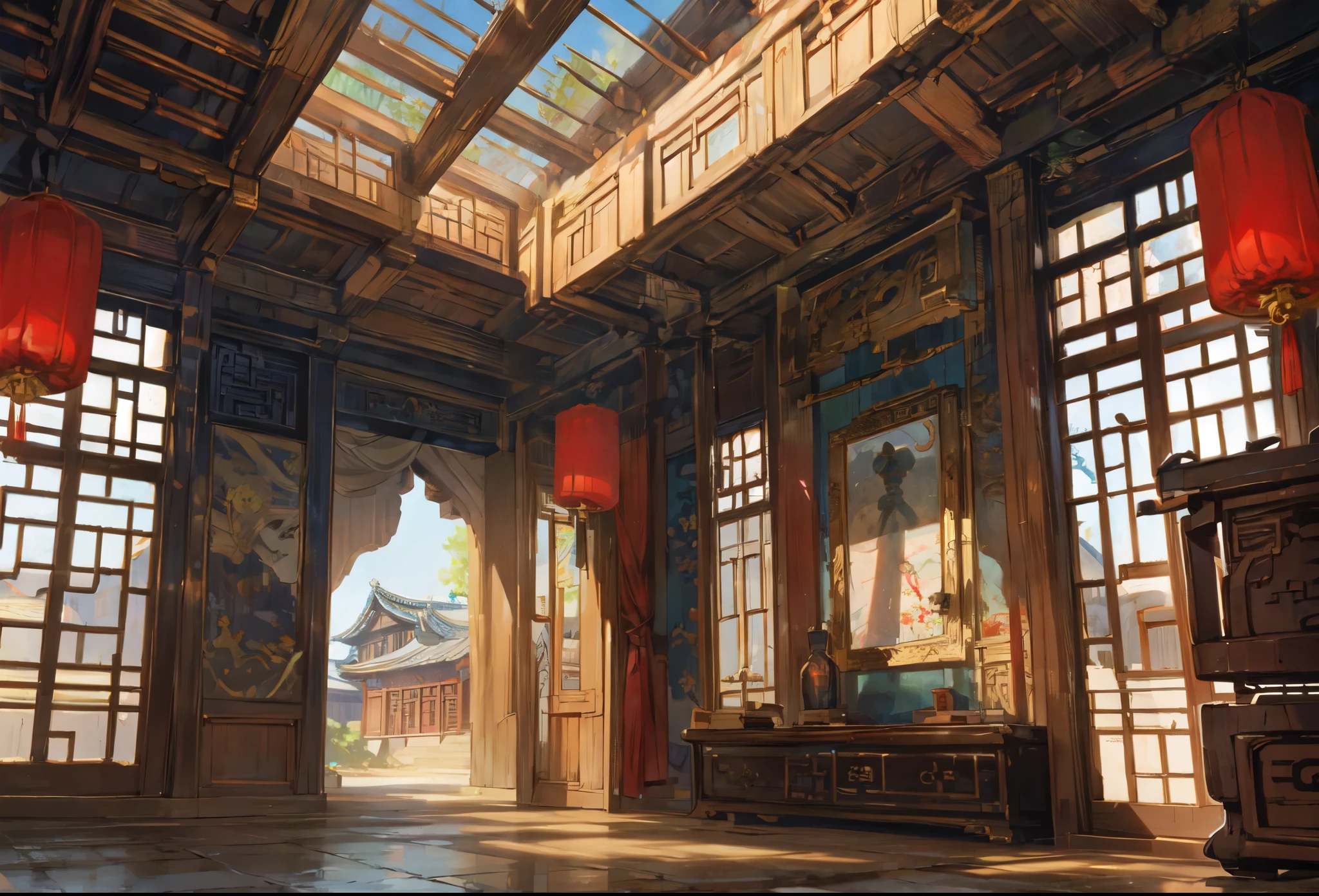 inside Old ancient chinese mansion, ancient traditional mansion, mansion, bight colors, stunning mansion, detailed chinese mansion, indoors, blue sky, daytime, scene, scenery, background, rich ancient chinese mansion indoors, luxury