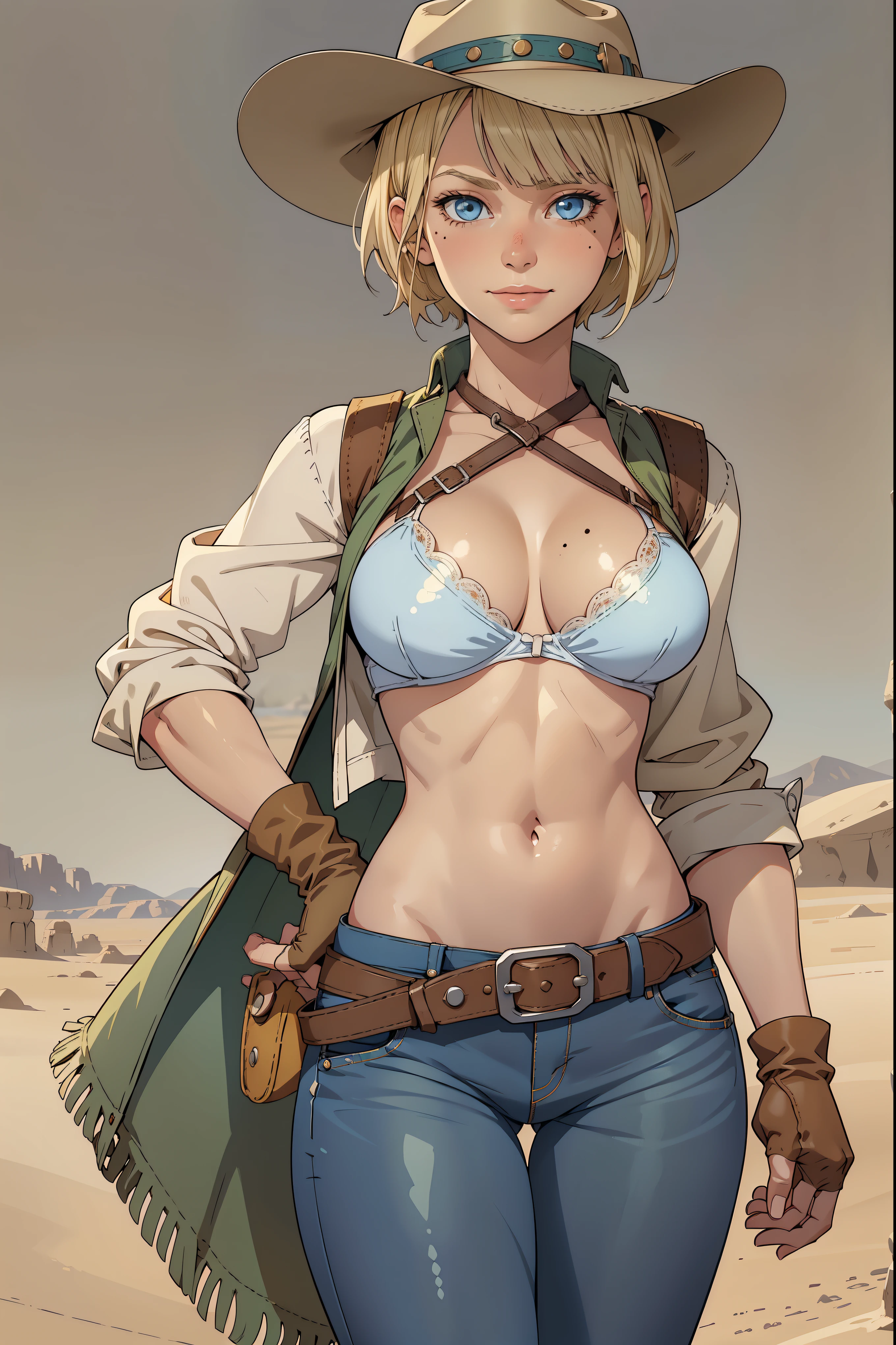 1girl, cowboy hat, white bra, green vest, no sleeves, navel, blue jeans, brown boots, fingerless gloves, short gloves, slight smile, short hair, blonde hair, parted bangs, blue eyes, mole under right eye, American Old West, sunny desert background, belt, best quality, masterpiece