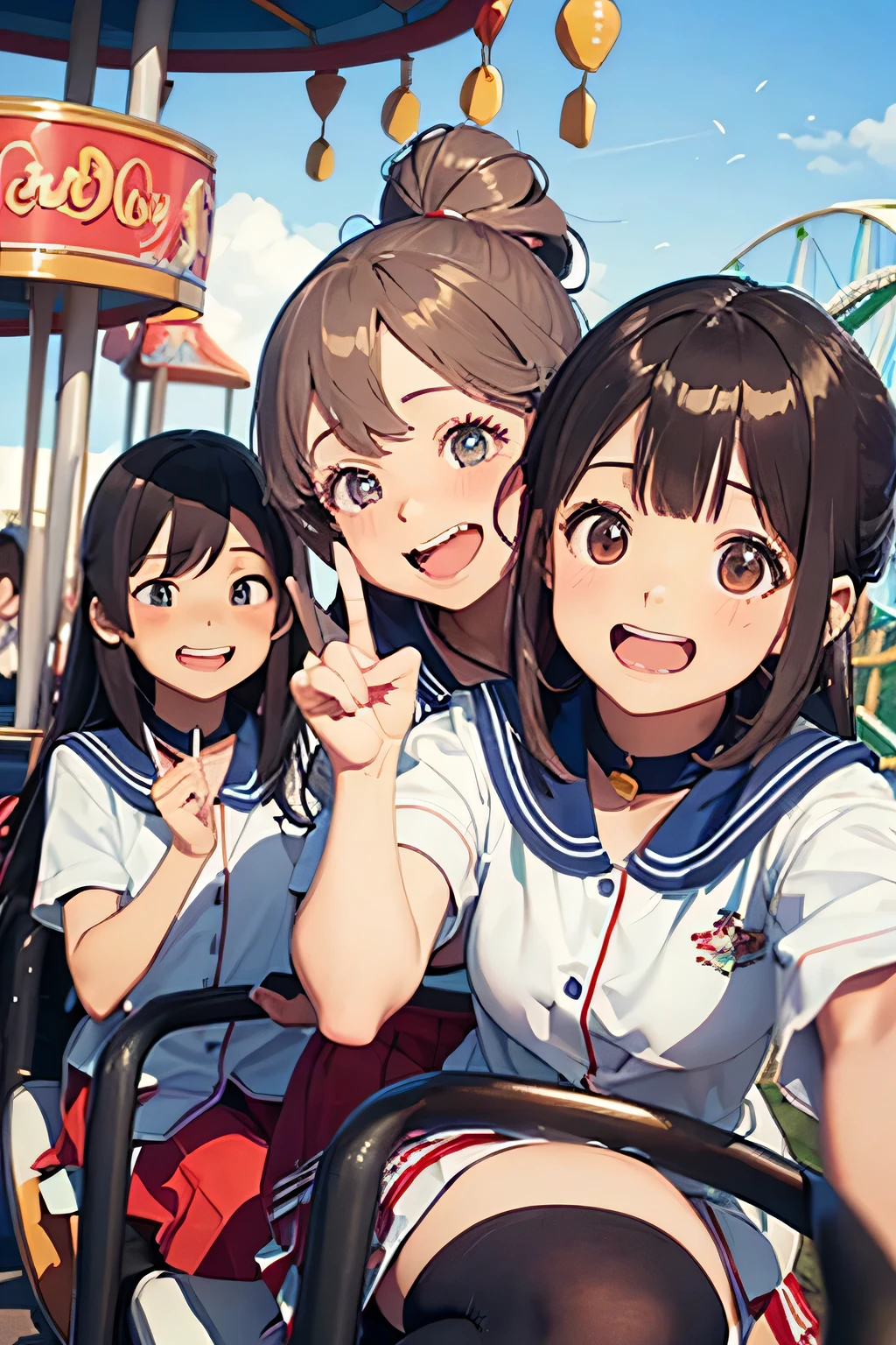 highest quality、High resolution、Detailed Background、(Beautiful face in every detail:1.4)、Anatomically correct、(Draw the usual number of fingers:1.2)、(Detailed facial expressions)、(Detailed eyes:1.2)、(Detailed eyes:1.2)、age beauty、(Highly detailed face:1.4)、Brown Hair、Black Hair、Bobcut、ponytail、Braided long hair、Wavy Hairstyle、well-groomed eyebrows、Perfect body line、White Sailor Suit、Light blue sailor collar、Pleated skirt、School Cardigan、White Stockings、Theme park、amusement park、A big smile、Cowboy Shot、Fit on one screen、
(Two beautiful girls making surprised expressions and gestures while riding a roller coaster or merry-go-round:1.5)、
amusement parkでアイスクリームやポップコーンなどのおやつがこぼれるcuteハプニング、
Make cute poses and gestures when taking photos with the Disney and Sanrio characters who greet you.、cute