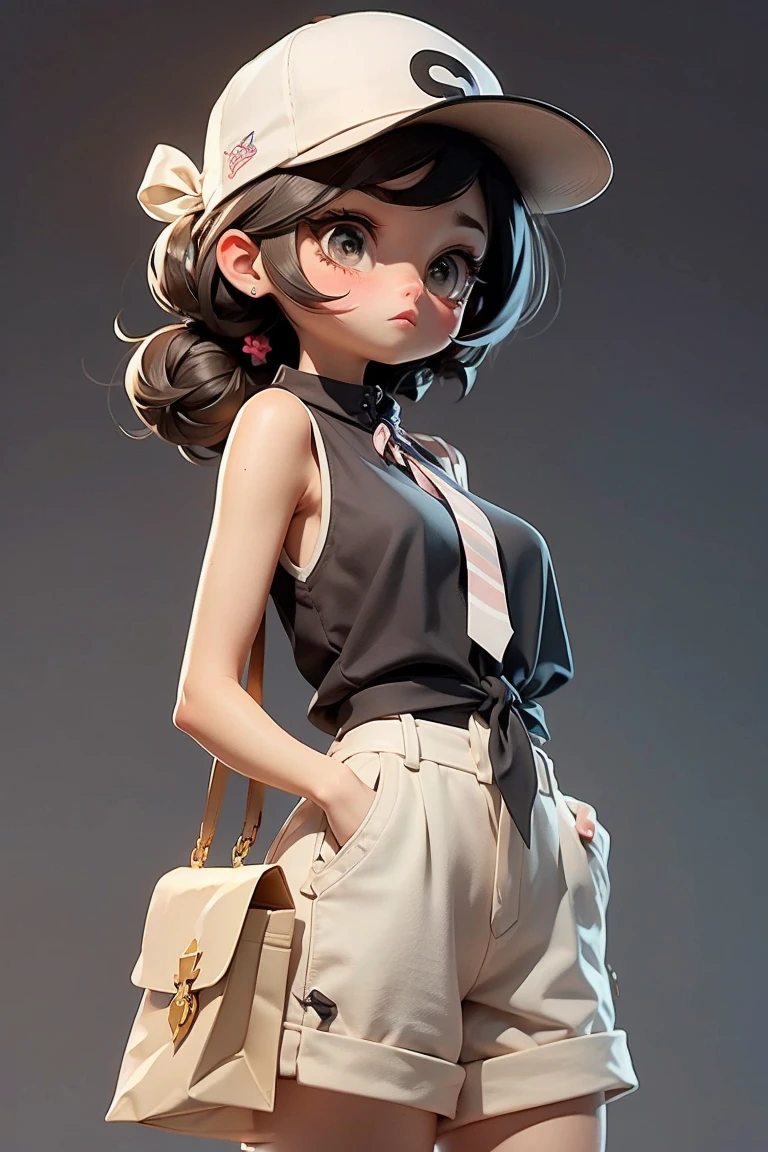 (masterpiece, best quality), 1 Girl, Light Black Messy Top Knot with Ribbon Tie,Black baseball cap small breasts, White Flowy High Neck Sleeveless Vest. and linen short paper bag shorts, only, Stand with your hands in your pockets, Staring into the distance curiously.