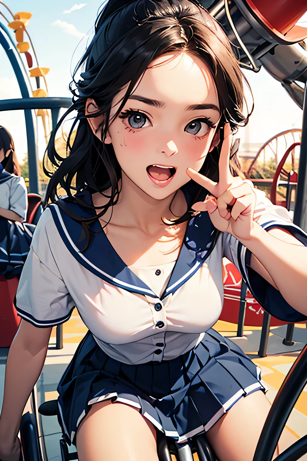 highest quality、High resolution、Detailed Background、(Beautiful face in every detail:1.4)、Anatomically correct、(Draw the usual number of fingers:1.2)、(Detailed facial expressions)、(Detailed eyes:1.2)、(Detailed eyes:1.2)、Teenage beauty、(Highly detailed face:1.4)、Brown Hair、Black Hair、Bobcut、ponytail、Braided long hair、Wavy Hairstyle、well-groomed eyebrows、Perfect body line、White Sailor Suit、Light blue sailor collar、Pleated skirt、School Cardigan、White Stockings、Theme park、amusement park、A big smile、Cowboy Shot、Fit on one screen、
(Two beautiful girls making surprised expressions and gestures while riding a roller coaster or merry-go-round:1.5)、
amusement parkでアイスクリームやポップコーンなどのおやつがこぼれるcuteハプニング、
Make cute poses and gestures when taking photos with the Disney and Sanrio characters who greet you.、cute