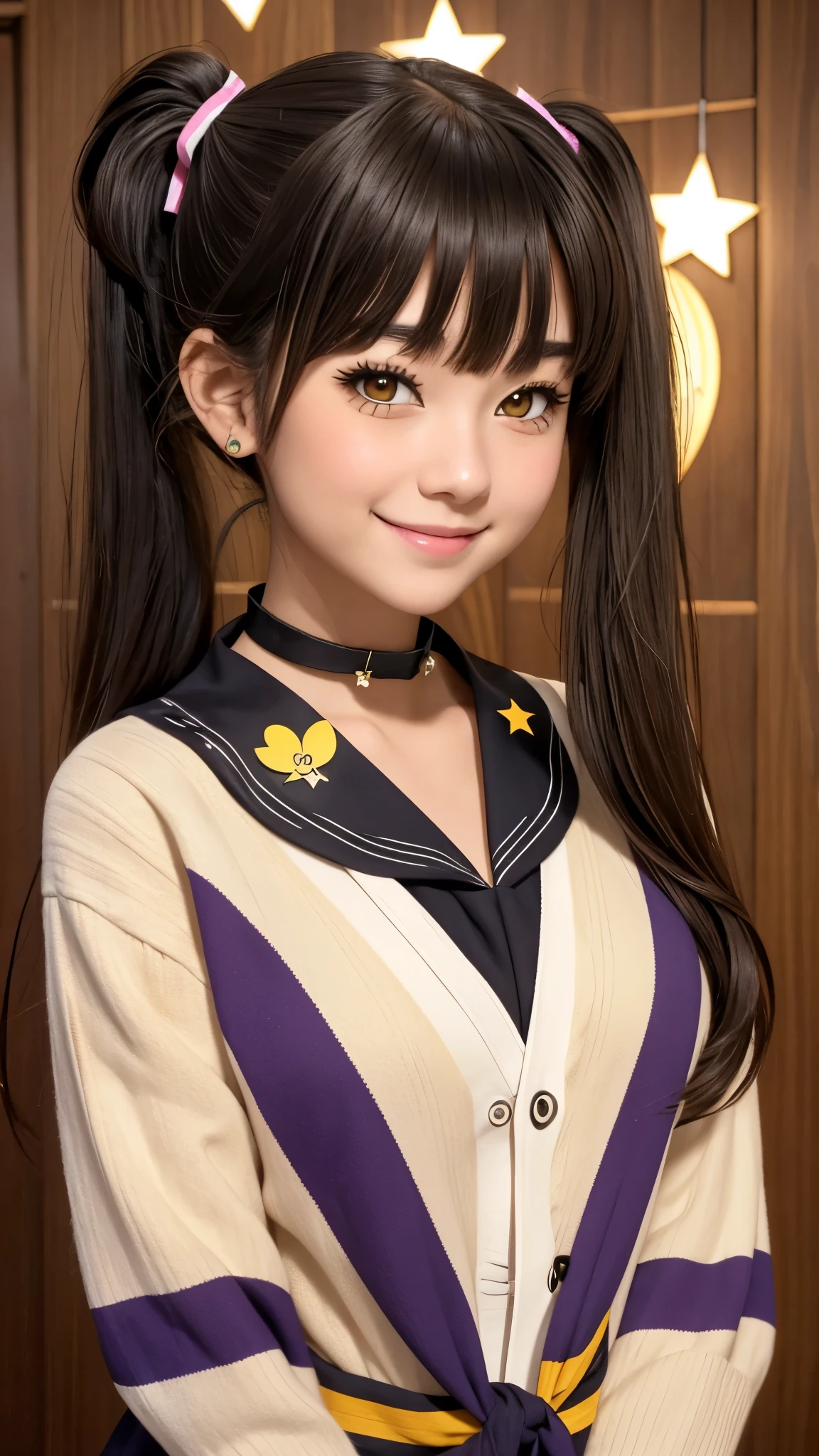 ichigestyle, 1girl, solo, brown hair, heart, hair ornament, , side ponytail, smile, looking at viewer, neckerchief, upper body, heart hair ornament, cardigan, sailor collar, serafuku, black sailor collar, bangs, yellow eyes, closed mouth, long hair, brown eyes, purple neckerchief, striped background, collarbone, striped, polka dot, star (symbol)