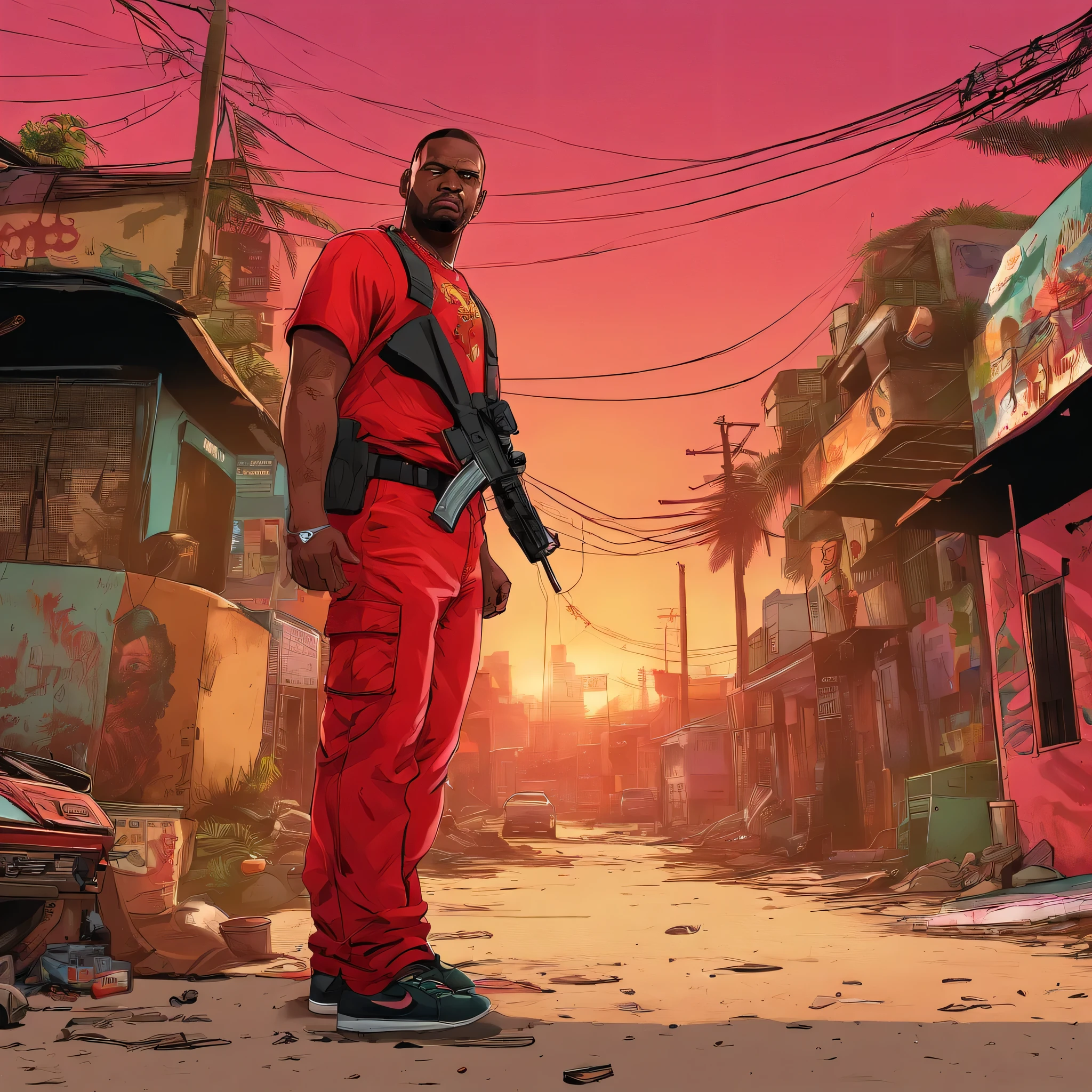 um homem com uma roupa vermelha em uma favela, segurando um rifle, (rosto e corpo extremamente detalhados), cores vibrantes, (retrato), tom de cor vermelha, dramatic lighting, (melhor qualidade, ultra-detalhado, Altas), realista