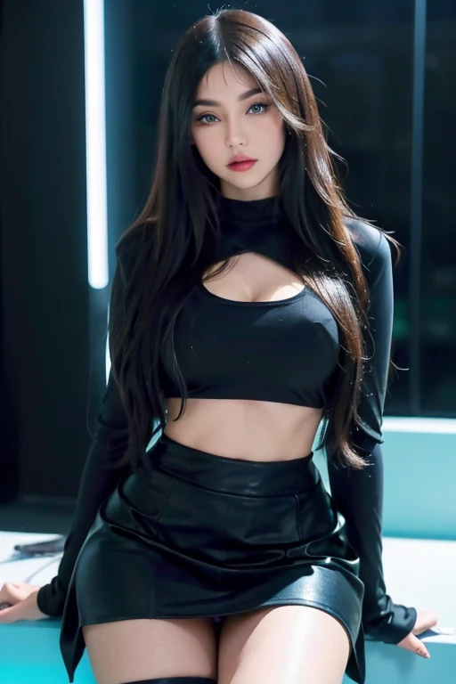masterpiece, gothic aesthetic, dream atmosphere, ultra realistic, 16k, best quality, absurdres, perfect anatomy, 1girl, goth brunette, voluminous silky hair, cute hair fringe, goth makeup, realistic turquoise eyes (intense look). pale-white skin (highlighted), realistic shading, solo, Caera, realistic blue eyes, black t-shirt, small natural breasts cleavage, proportional hips, thick thighs, thick legs, black mini skirt, tights (realistic textures), pretty seductive, upper body, beautiful girl, happy, inside a (neon pastel lights) modern house, different poses at different angles, blurred background, cinematic, Photorealistic.
