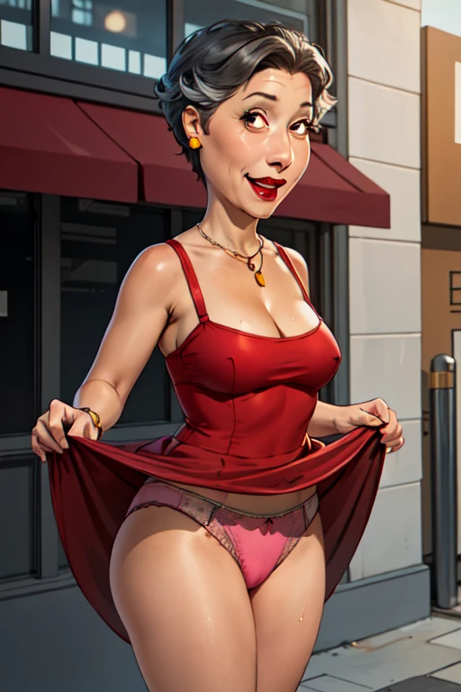 babs, 1girl, jewelry, lipstick, earrings,solo, makeup, short hair, grey hair, red dress,mature female, necklace, breasts, smile, cleavage,looking at viewer, lower view , upskirt view , black panties, cameltoe, wet legs, dress lift,